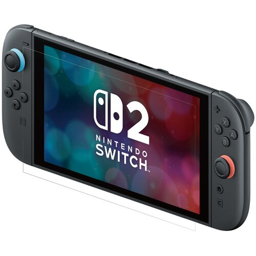 Konsola Nintendo Switch 2. Ekran wyświetla logo Switch. Posiada szare kontrolery z niebieskimi i pomarańczowymi akcentami.