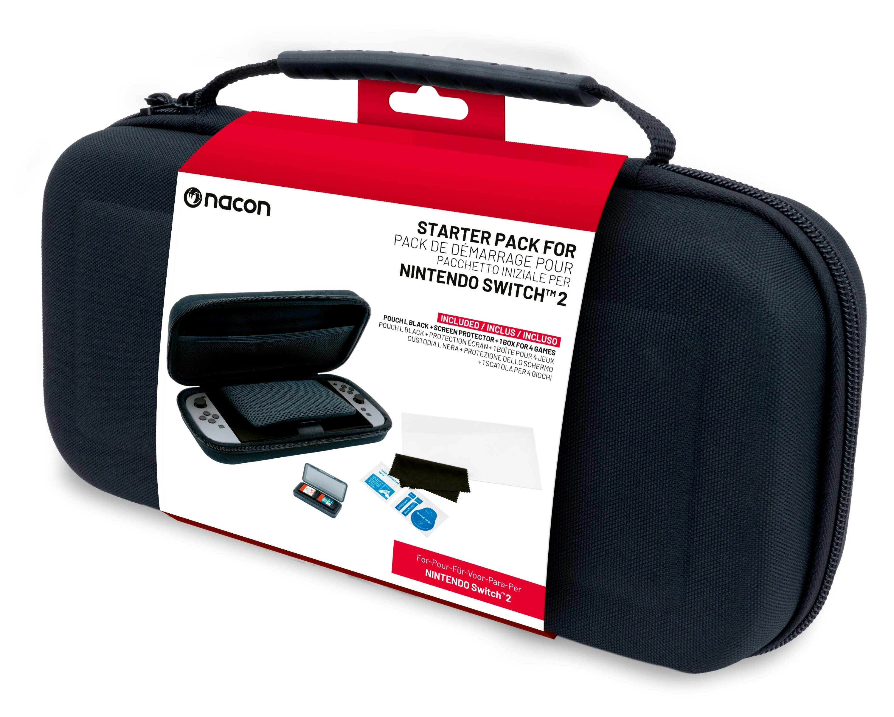 Czarny zestaw startowy Nintendo Switch 2 z etui, ochraniaczem ekranu i pudełkiem na gry, na białym tle.