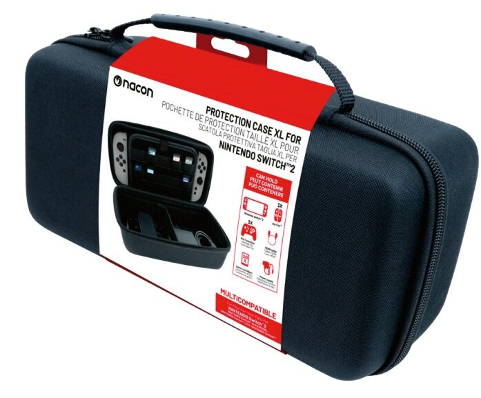 Pokazano niebieskie etui na Nintendo Switch, otwarte, aby pokazać konsolę i akcesoria. Etui ma uchwyt i czerwoną etykietę.