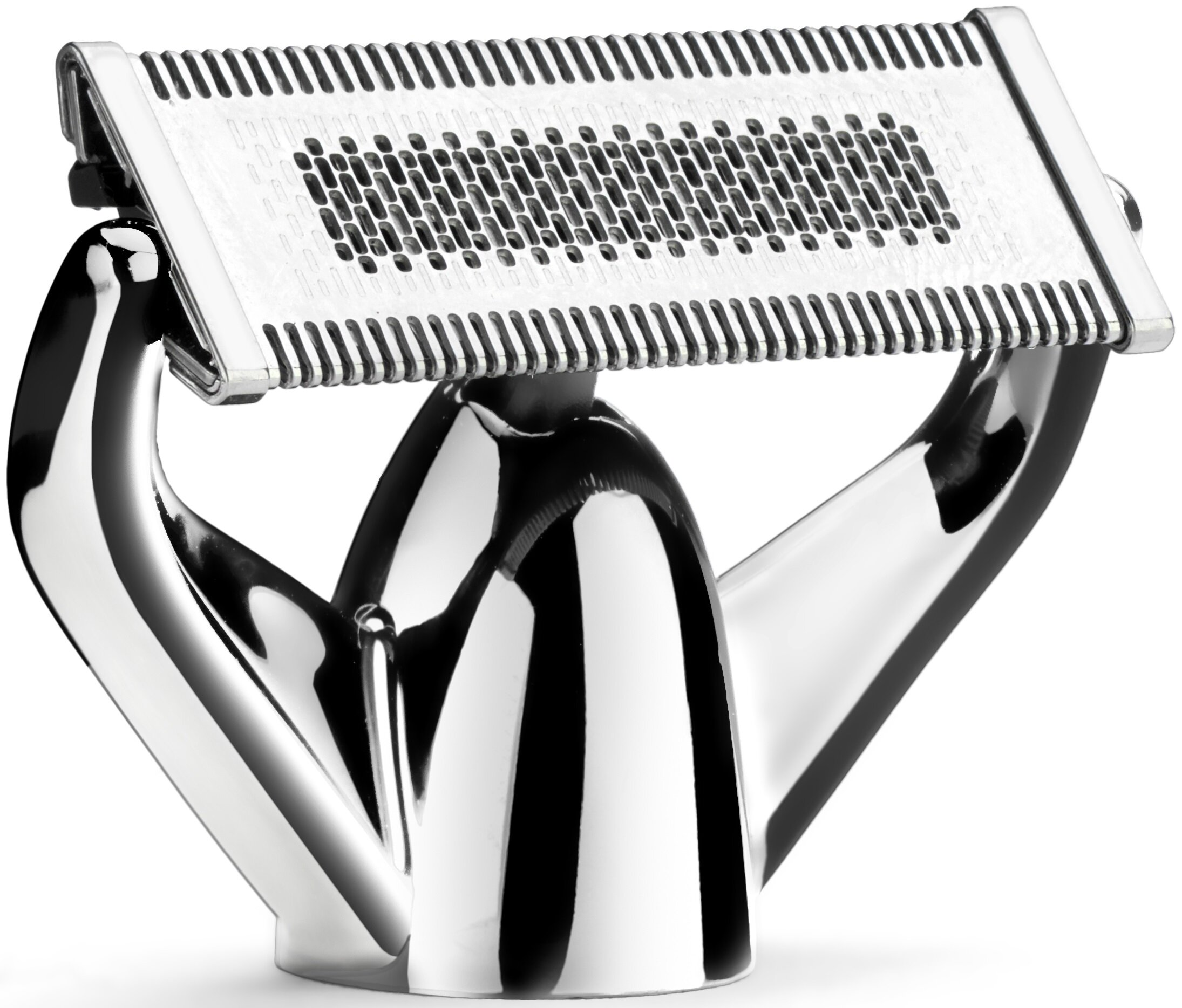 Zbliżenie chromowanej głowicy golarki elektrycznej. Ma prostokątne ostrze z perforacjami, podparte zakrzywionymi, błyszczącymi ramionami.