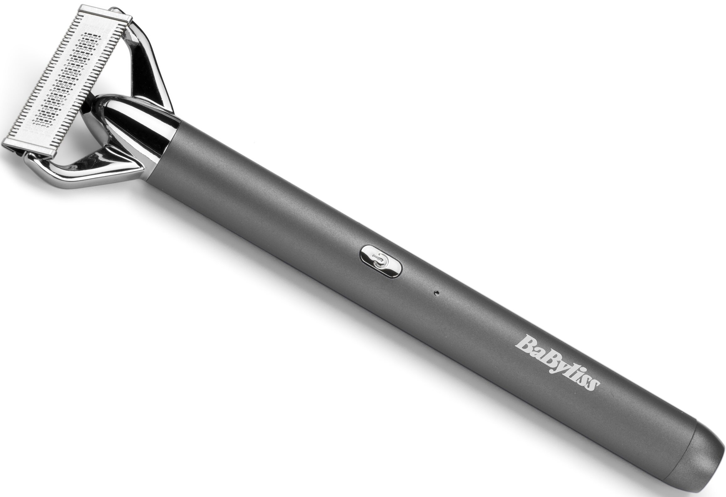 Szara golarka elektryczna BabyLiss na białym tle. Golarka jest ustawiona pod kątem, pokazując ostrza i obudowę.