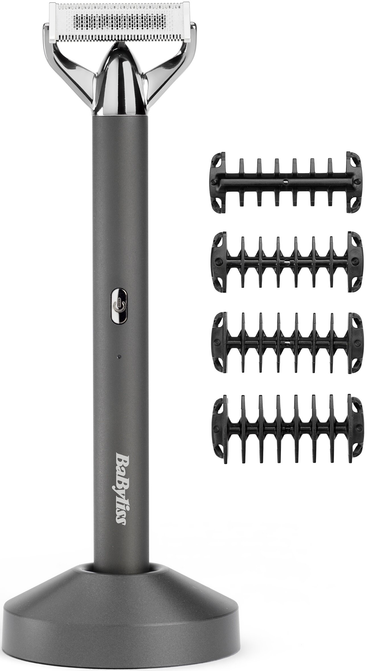 Szara golarka elektryczna i cztery czarne nasadki do trymera na białym tle. Golarka ma markę BabyLiss.