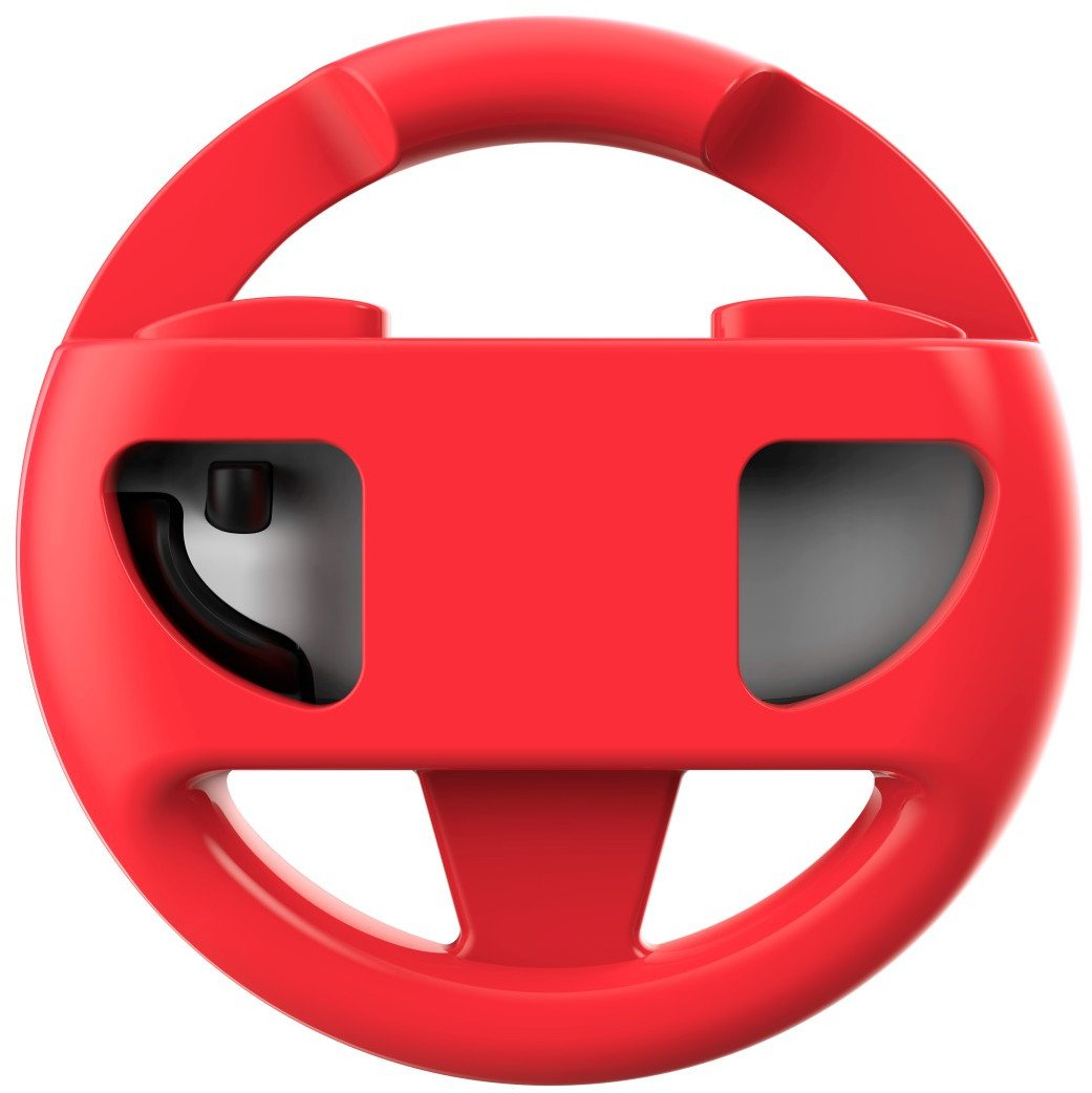 Czerwona plastikowa kierownica do konsoli. Ma okrągły kształt z dwoma uchwytami i centralnym otworem.