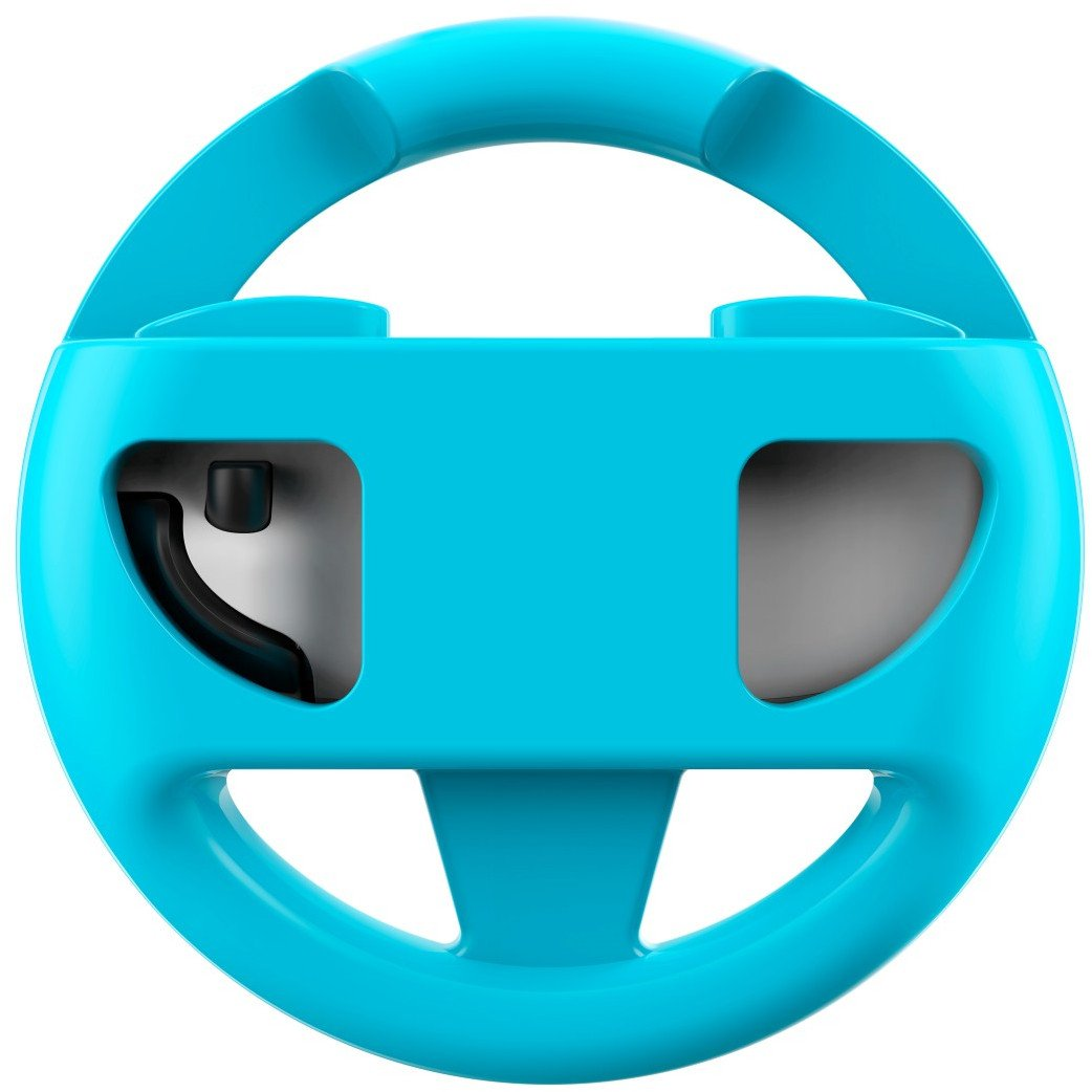 Zbliżenie niebieskiej plastikowej kierownicy. Ma okrągły kształt z płaskim środkiem i uchwytem na dole.