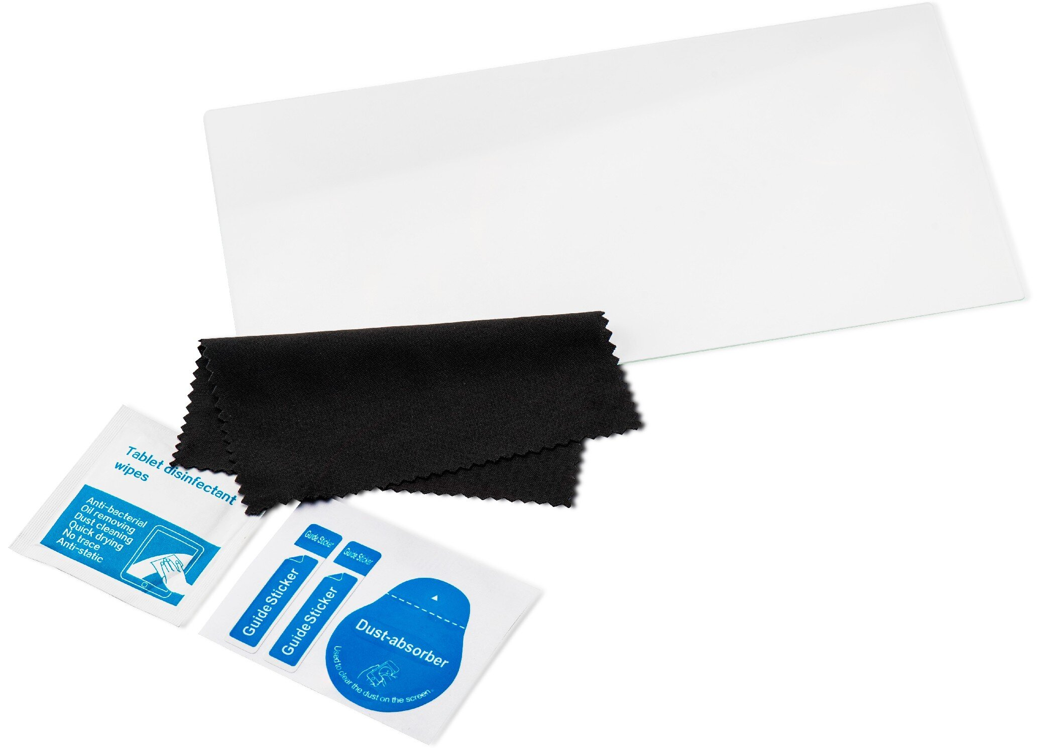 Zestaw ochraniacza ekranu tabletu zawiera ekran, ściereczkę do czyszczenia, naklejki prowadzące i saszetki pochłaniające kurz. Wszystko na białym tle.