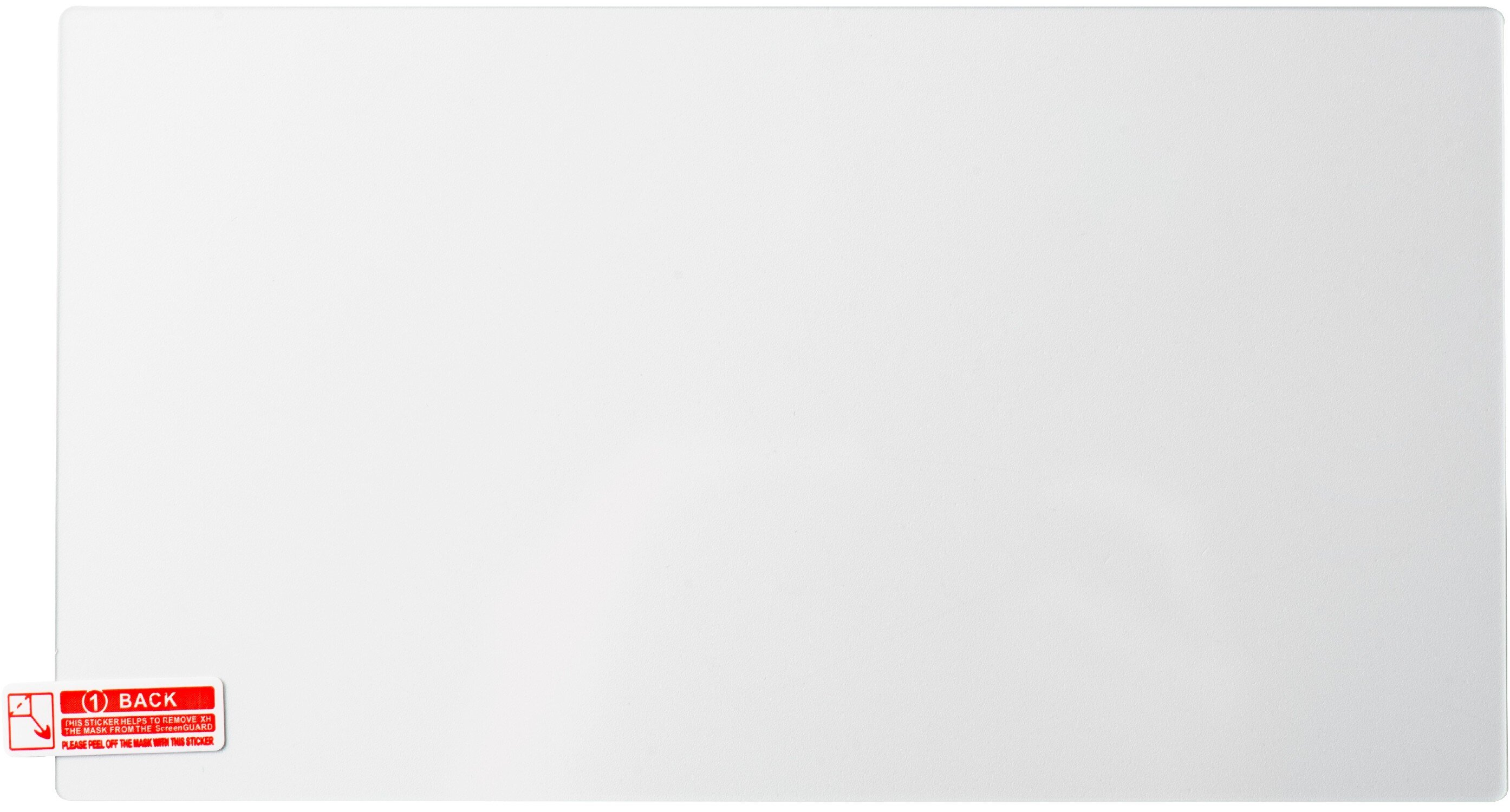 Biały ScreenGuard z naklejką w lewym dolnym rogu wskazującą tył do usunięcia maski.