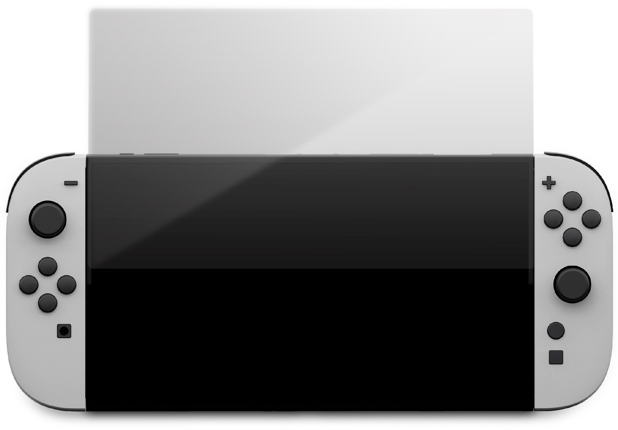 Konsola Nintendo Switch, białe kontrolery z czarnymi przyciskami i czarny ekran. Ekran umieszczony jest pomiędzy kontrolerami.