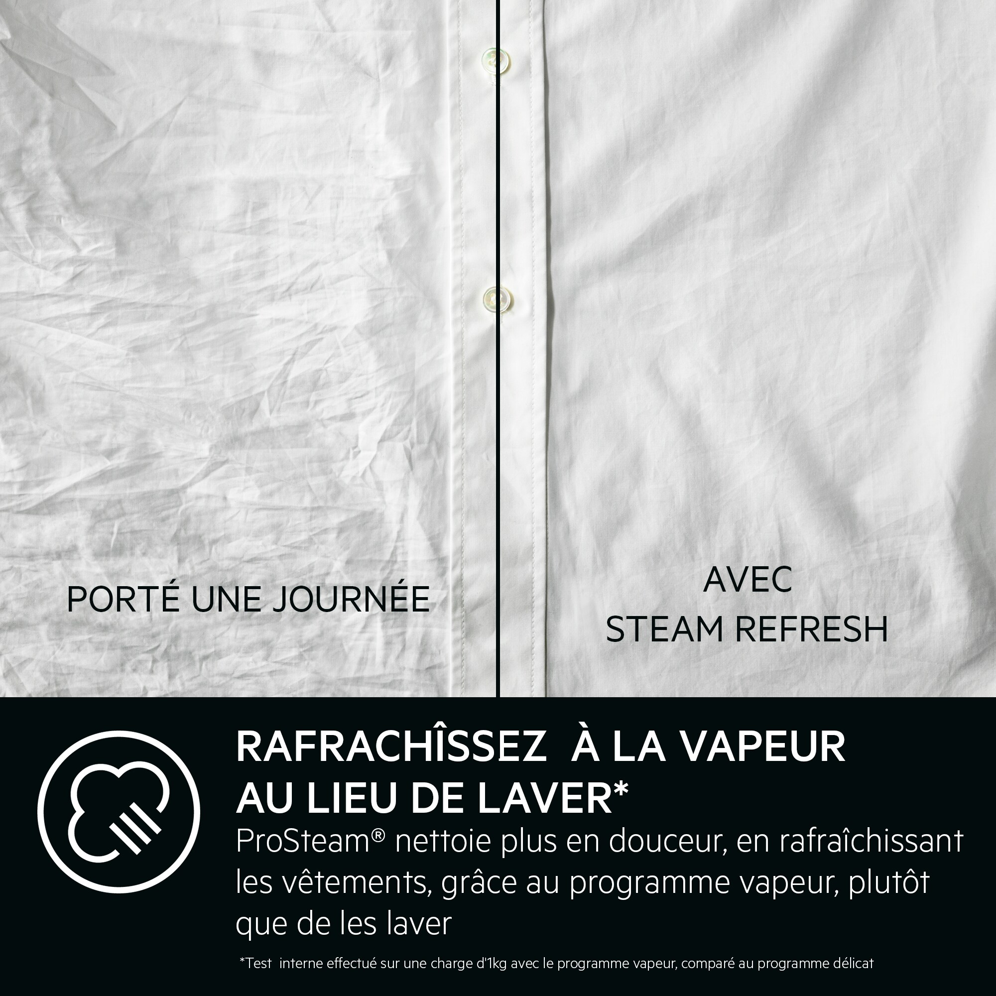 Wit shirt half gedragen, half fris. Tekst: Verfris met stoom in plaats van wassen.