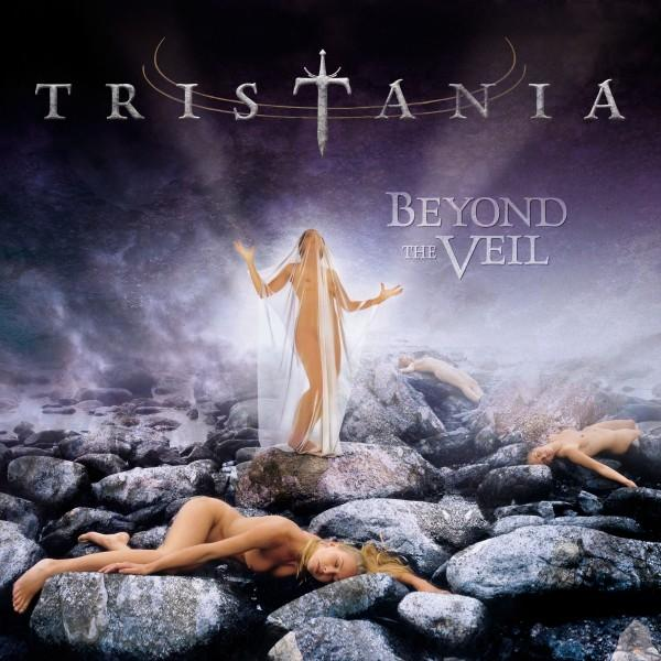 A Tristania album borítója. Meztelen alakok sziklákon. Egy fátyolos nő felemelt karokkal, a 'Beyond the Veil' címmel.