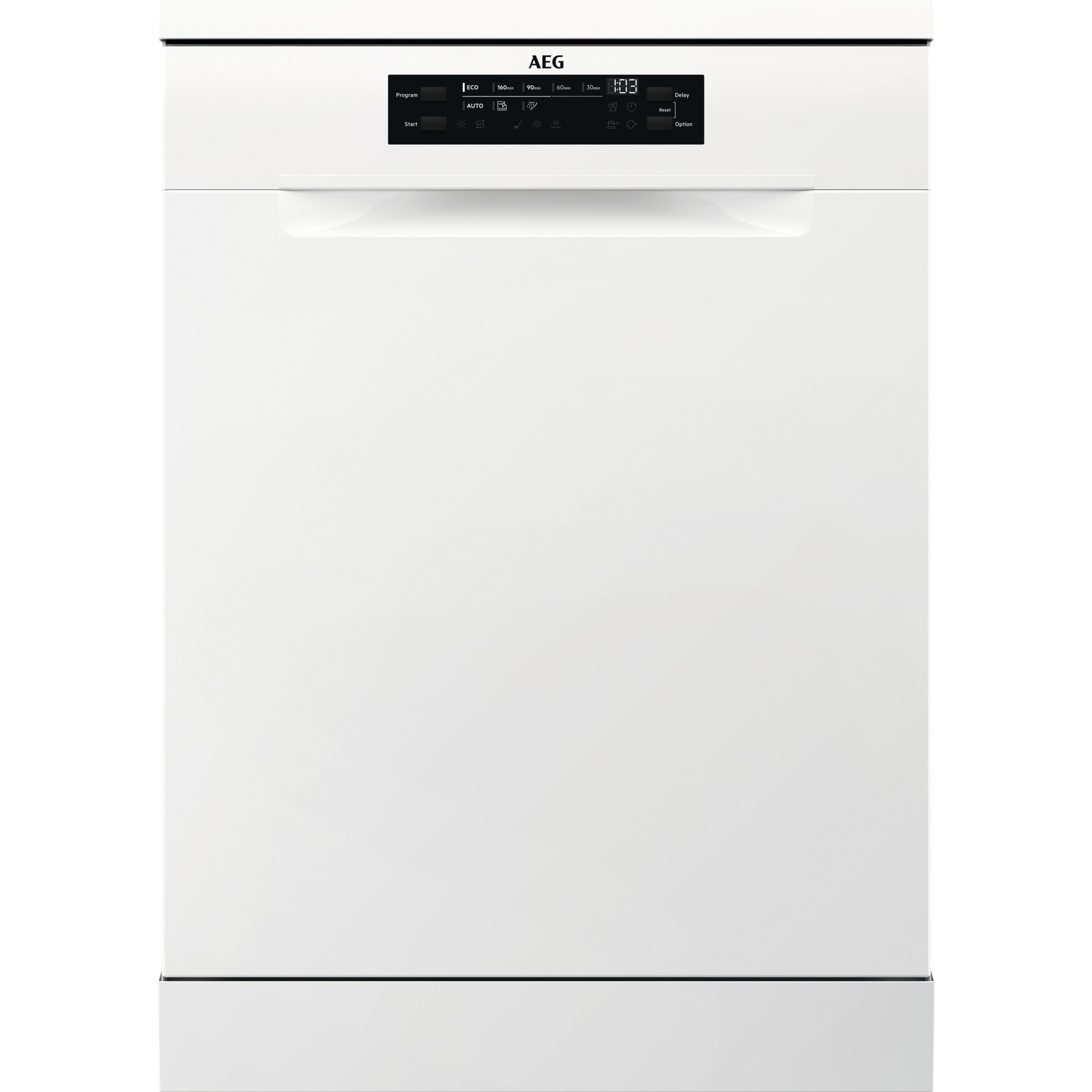 Lave-vaisselle AEG blanc. Il a un affichage numérique et des boutons de commande. Une poignée est sur la porte.