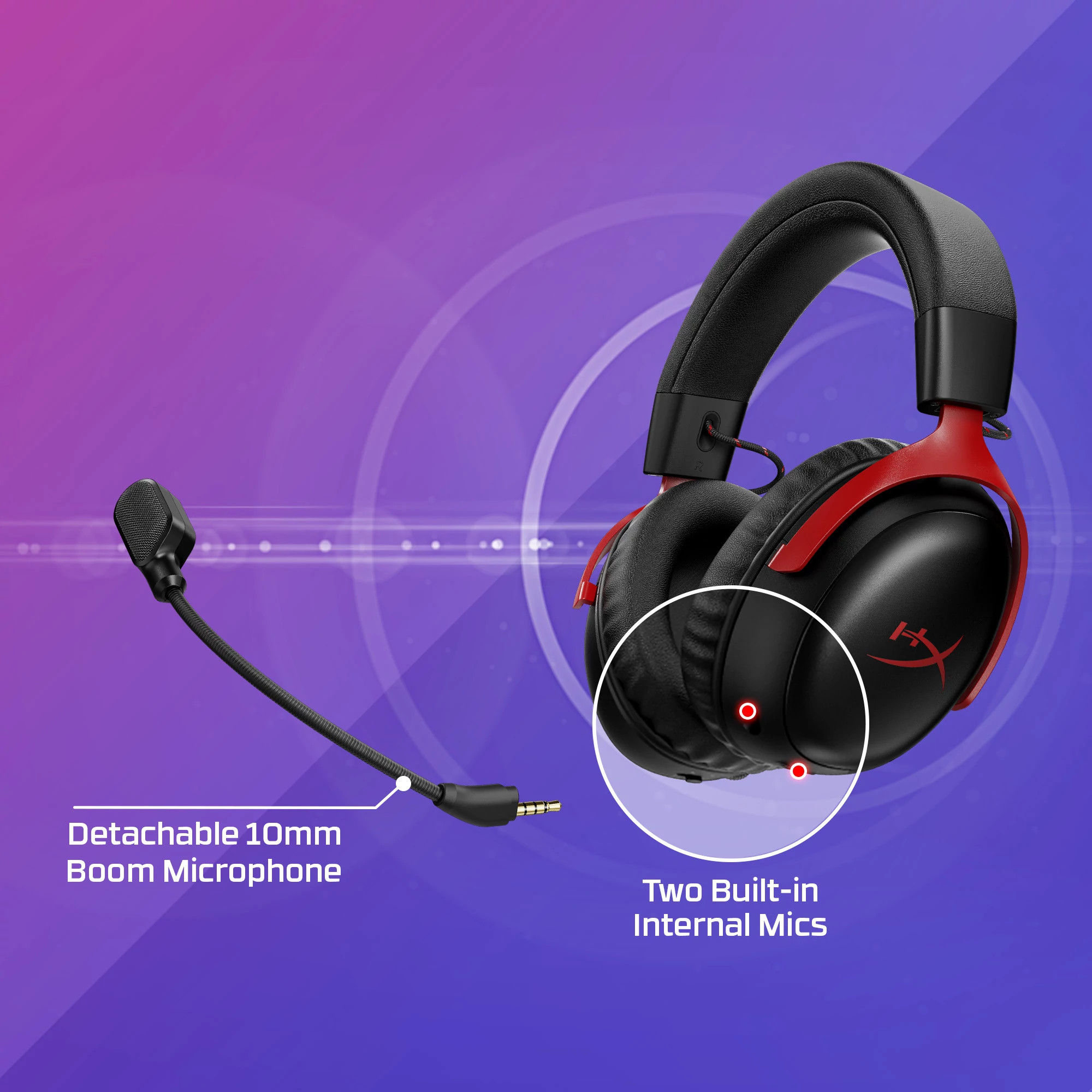 Schwarzes und rotes Gaming-Headset mit abnehmbarem Mikrofon. Zwei eingebaute Mikrofone sind hervorgehoben. Hintergrund ist lila Farbverlauf.