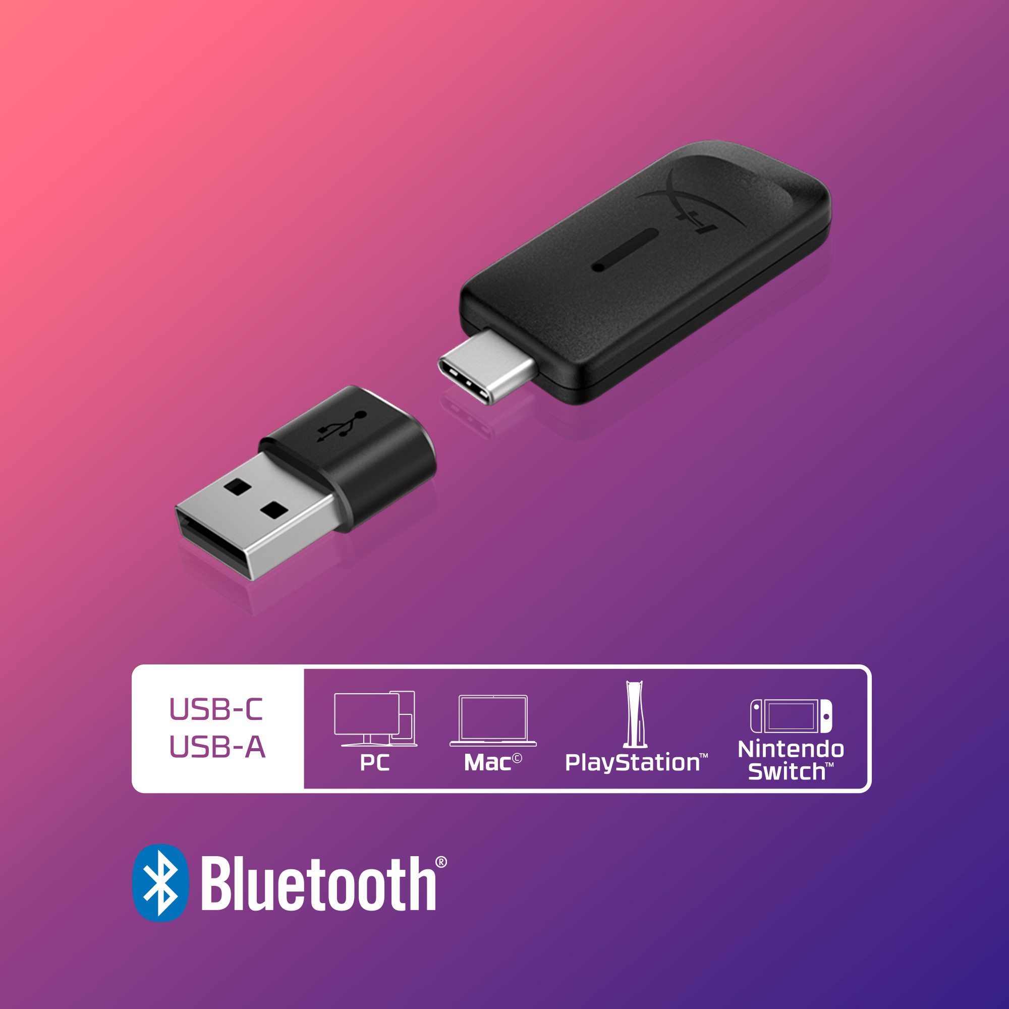 Schwarze USB-C- und USB-A-Adapter. Symbole für PC, Mac, PlayStation und Nintendo Switch. Bluetooth-Symbol.