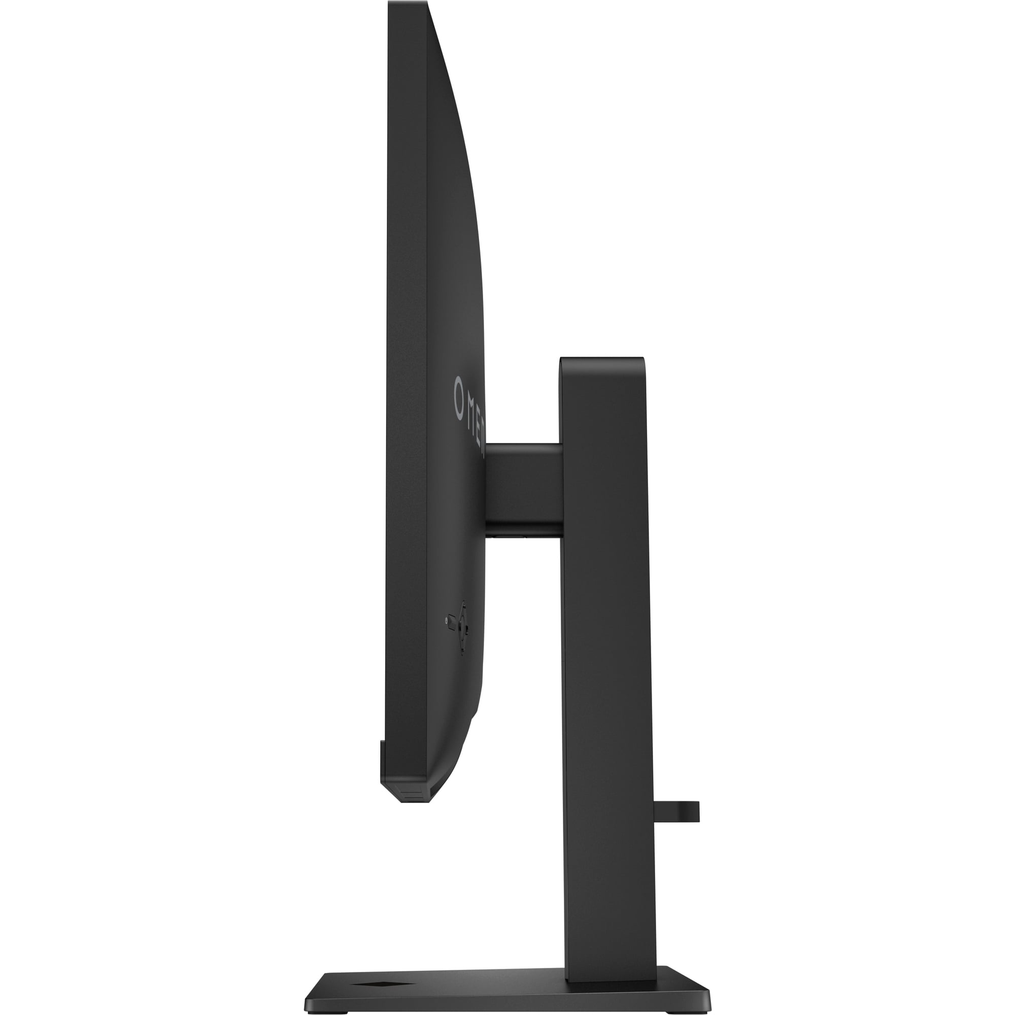 Seitenansicht eines schwarzen Computermonitors. Der Monitor hat einen Ständer und einen gebogenen Bildschirm mit „OMEN“-Branding.