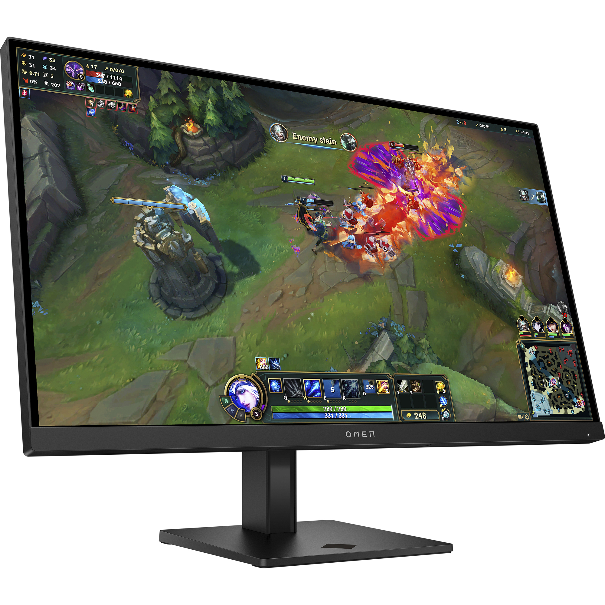 Ein schwarzer Omen-Monitor zeigt ein League of Legends-Spiel. Der Bildschirm zeigt Spielaktionen, UI-Elemente und eine Kampfszene.