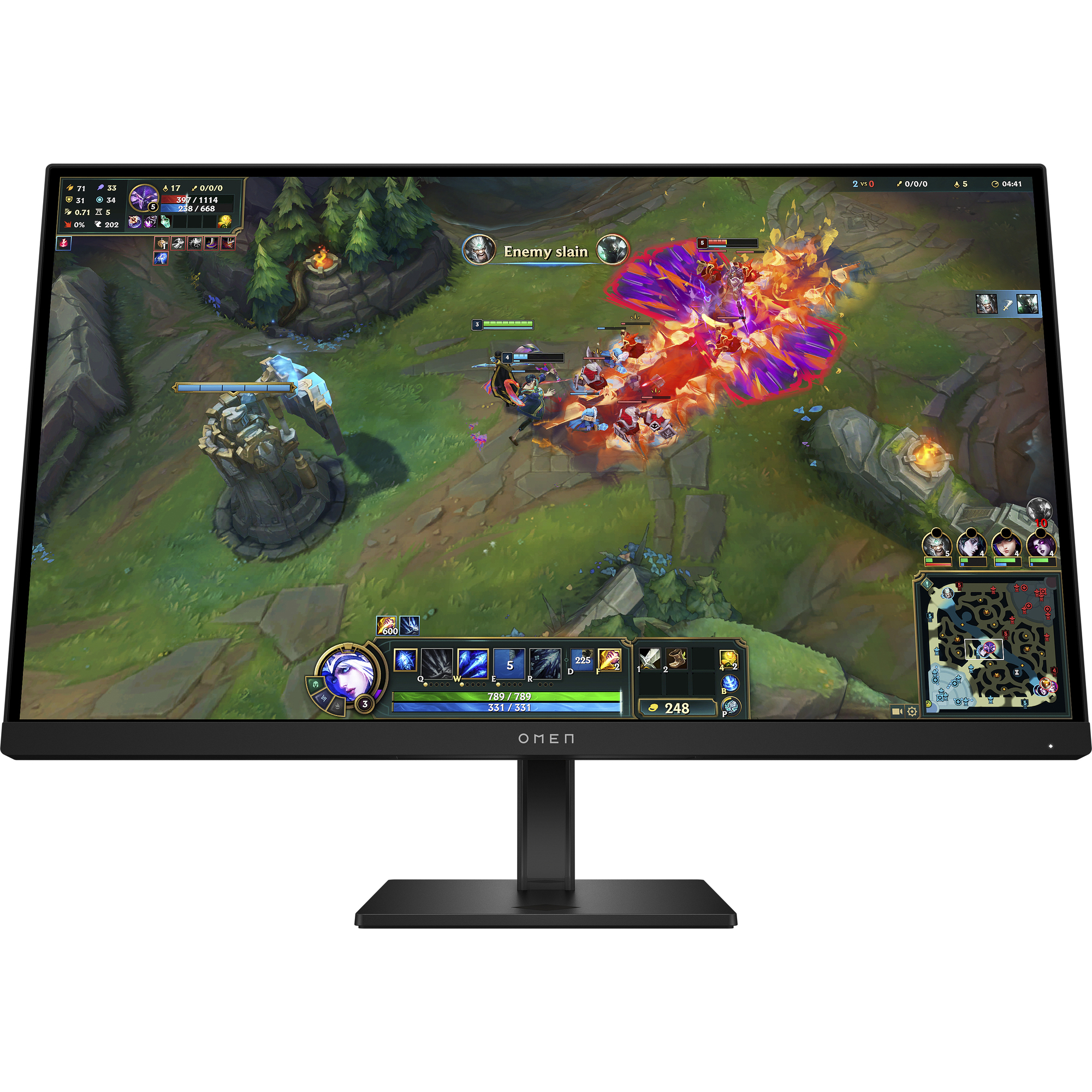 Ein Computermonitor zeigt eine Szene des Spiels League of Legends mit Kämpfen und einer Nachricht, dass ein Feind getötet wurde. Der Monitor ist schwarz.