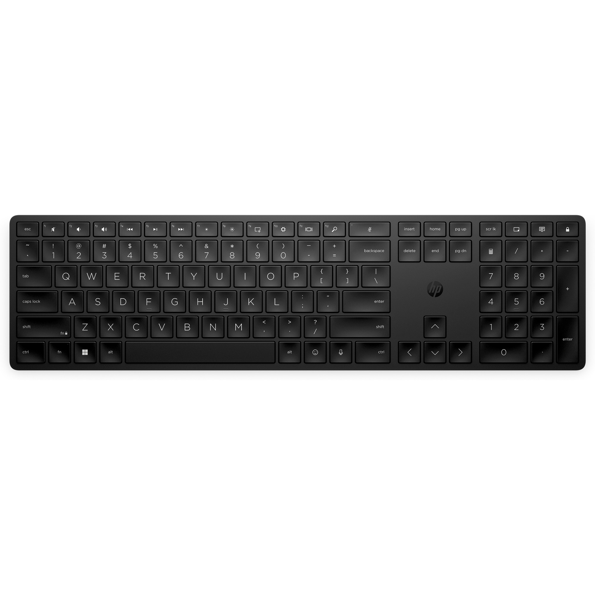 Schwarze HP-Tastatur mit weißen Tasten, Nummernblock rechts. Obere Reihe hat Funktionstasten und Symbole.