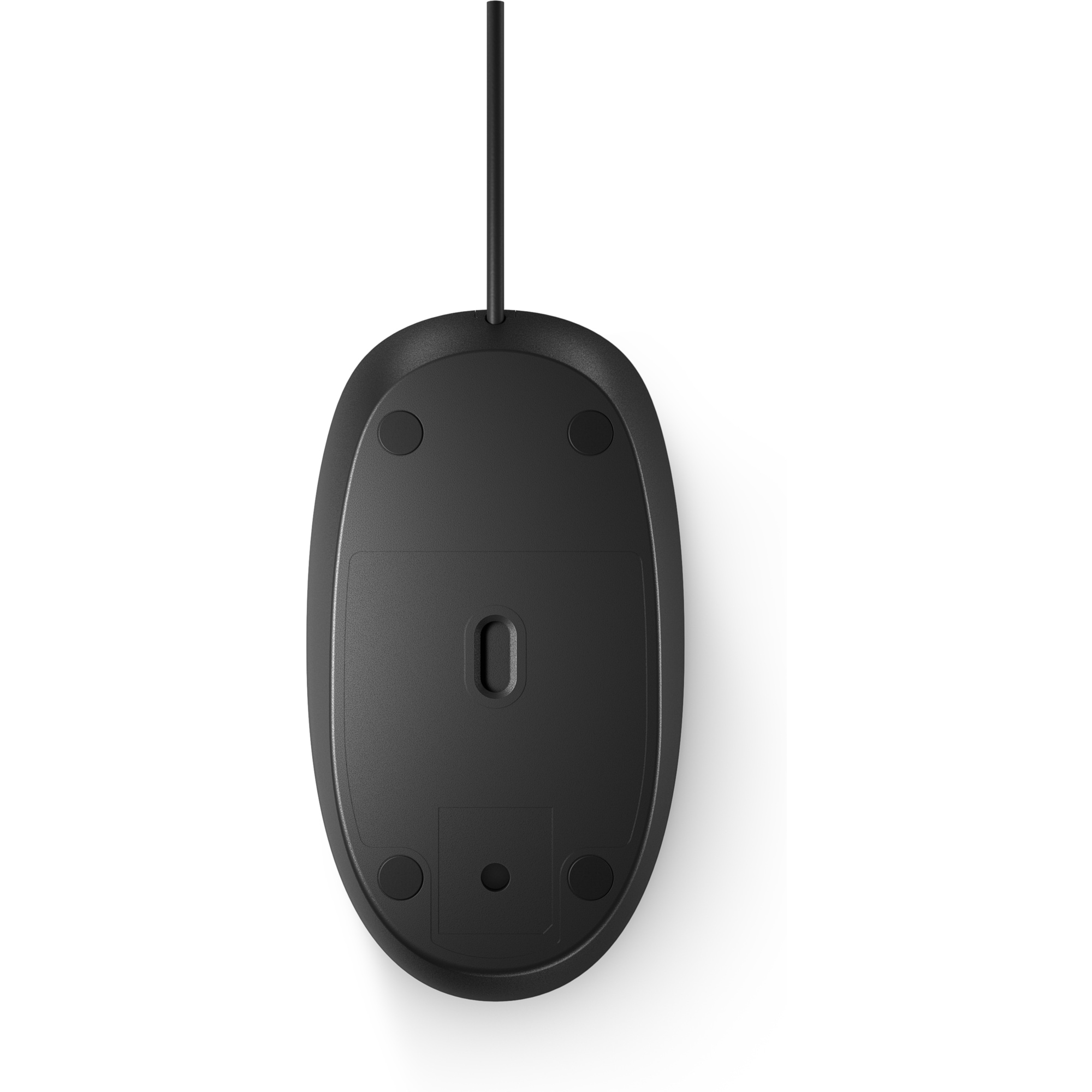 Unterseite einer schwarzen Computermaus auf weißem Hintergrund. Ein Kabel erstreckt sich von oben.