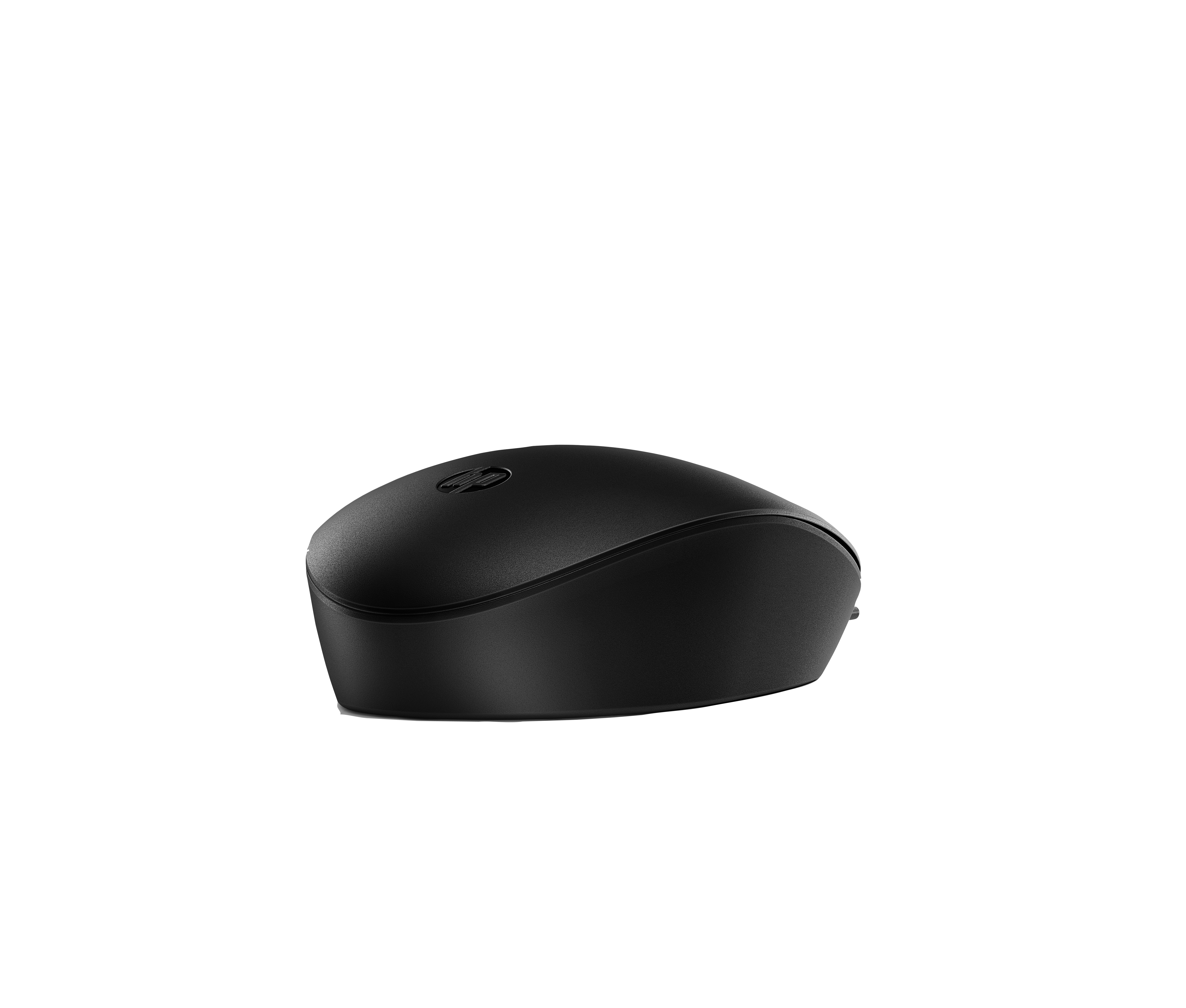 Eine schwarze, kabellose Computermaus mit geschwungener Form und Logo auf der Oberseite vor weißem Hintergrund.