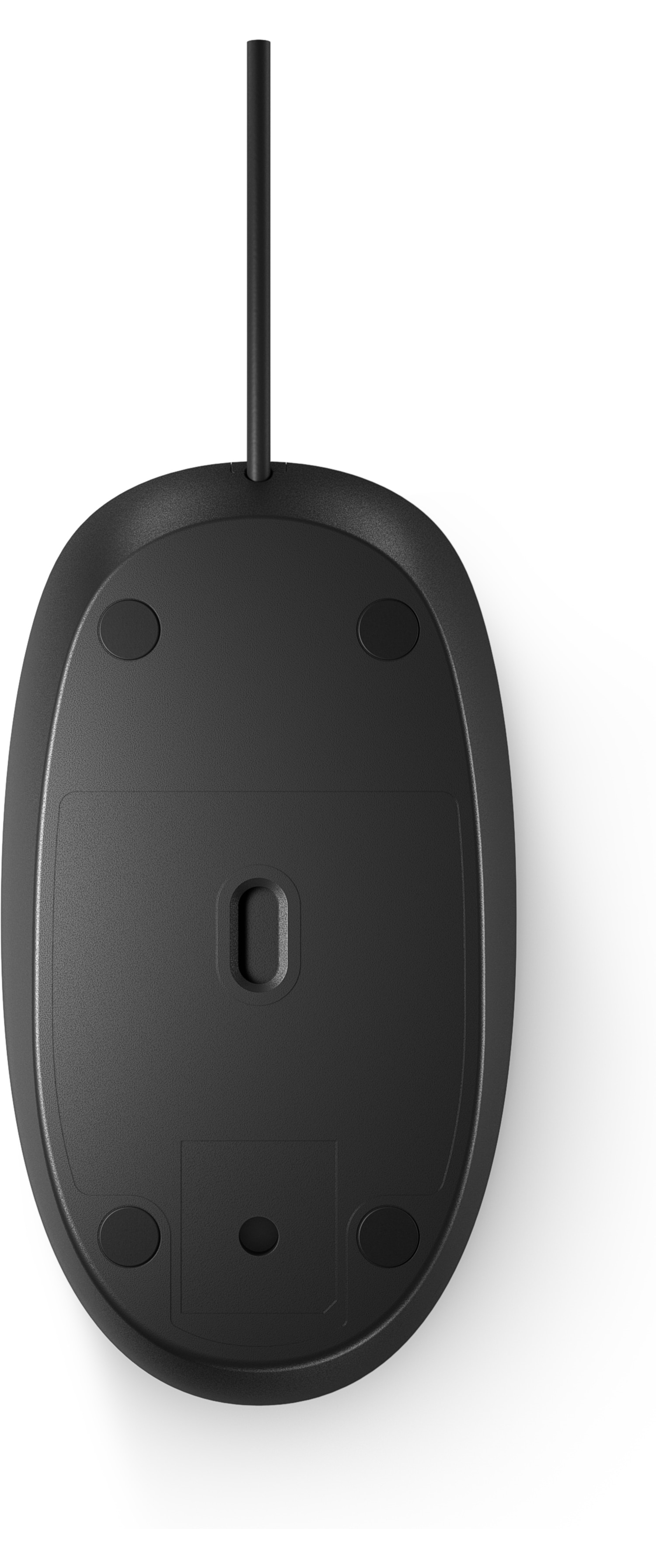 Schwarze Computermaus, Ansicht von unten. Zeigt die Pads der Maus, ein Kabel und eine Aussparung. Weißer Hintergrund.