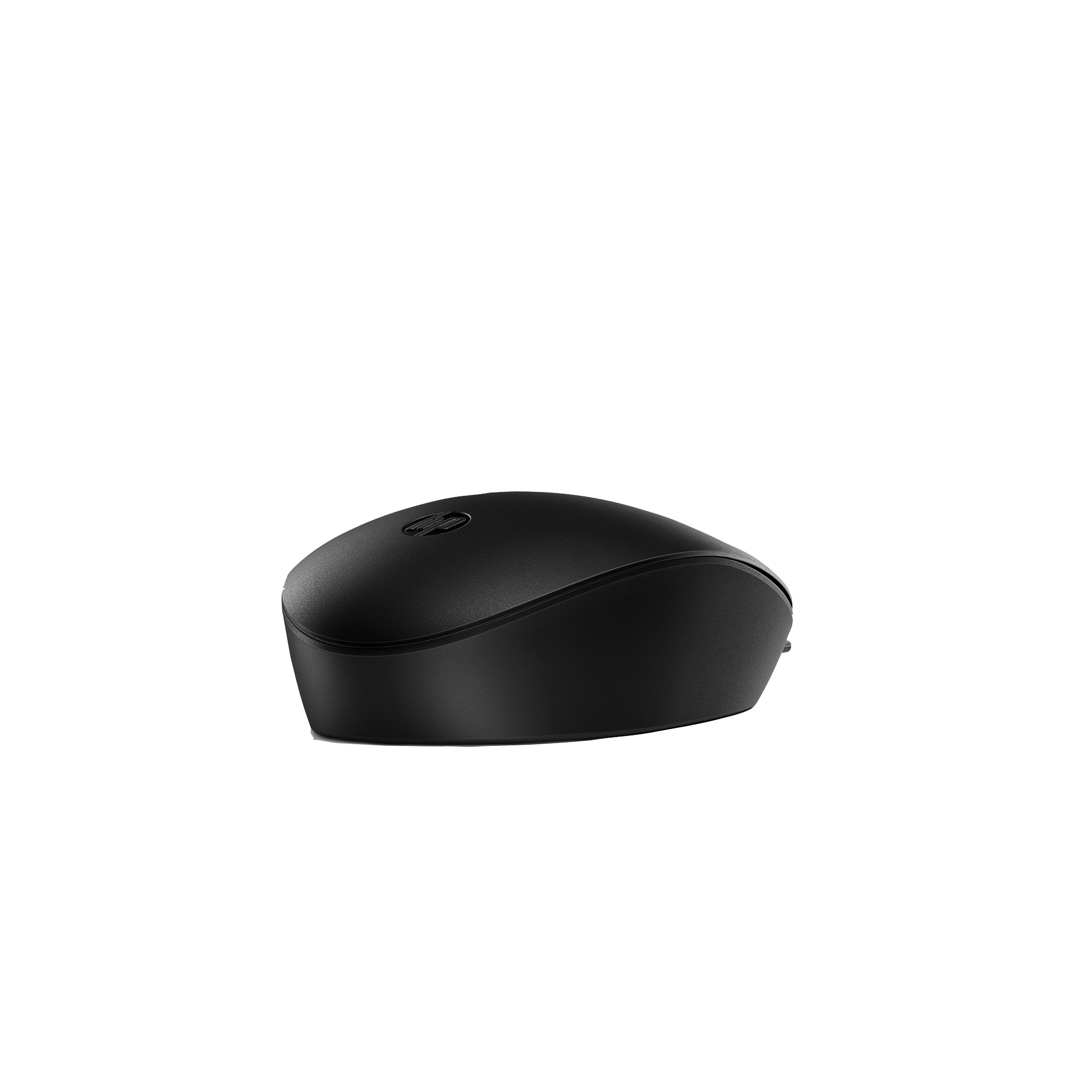 Eine schwarze Computermaus auf weißem Hintergrund. Die Maus ist oval und hat ein Logo.