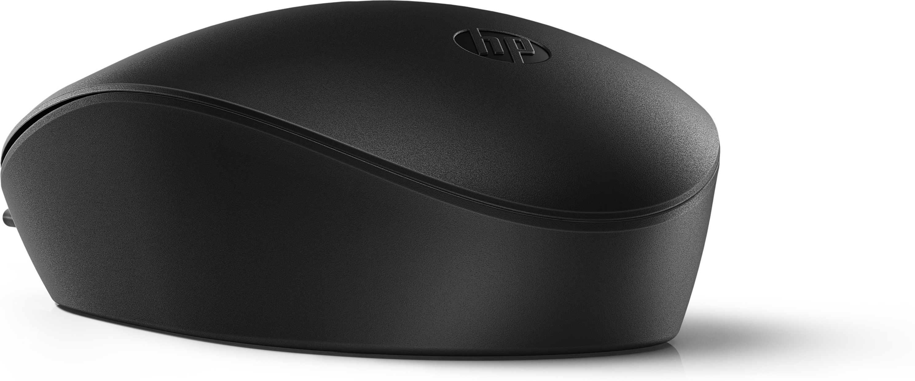 Eine schwarze HP-Maus auf weißem Untergrund. Die Maus ist oval mit HP-Logo. Ein Schatten wird geworfen.
