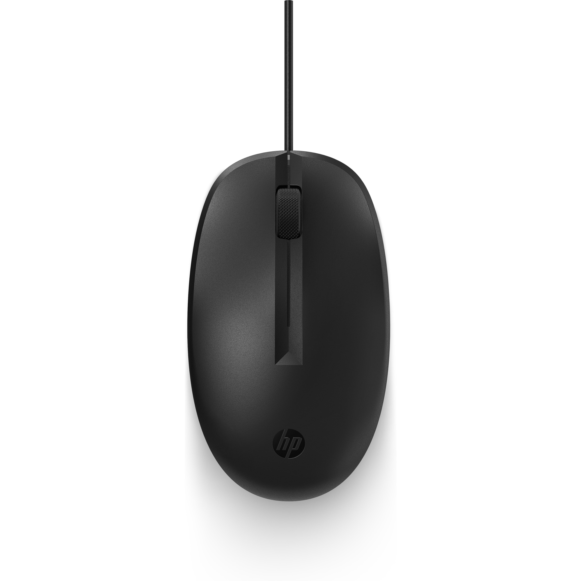 Eine schwarze HP-Computermaus auf weißem Grund. Die Maus hat ein Kabel und ein Scrollrad. HP-Logo sichtbar.