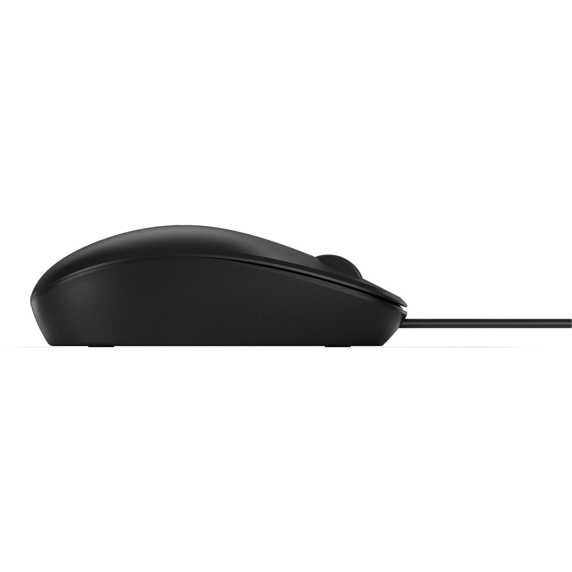 Seitenansicht einer schwarzen Computermaus mit Kabel vor weißem Hintergrund.