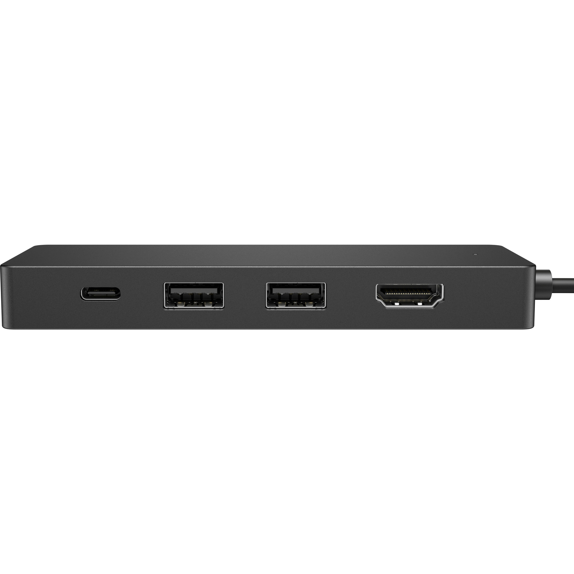 Schwarzer USB-Hub mit mehreren Anschlüssen: USB-C, USB und HDMI. Auf der rechten Seite ist ein Kabel angebracht.