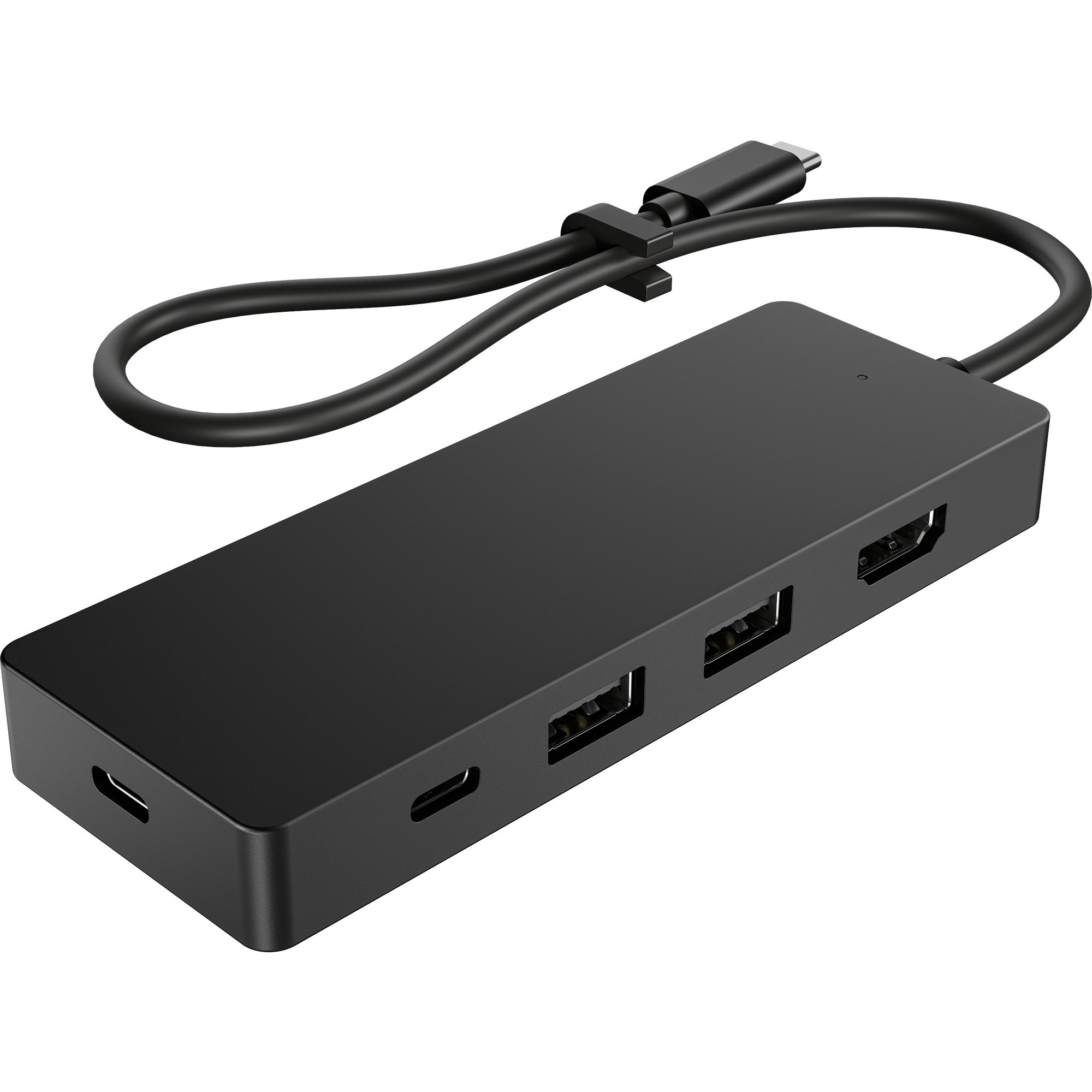 Schwarzer USB-Hub mit mehreren Anschlüssen und einem angeschlossenen Kabel. Der Hub ist rechteckig.
