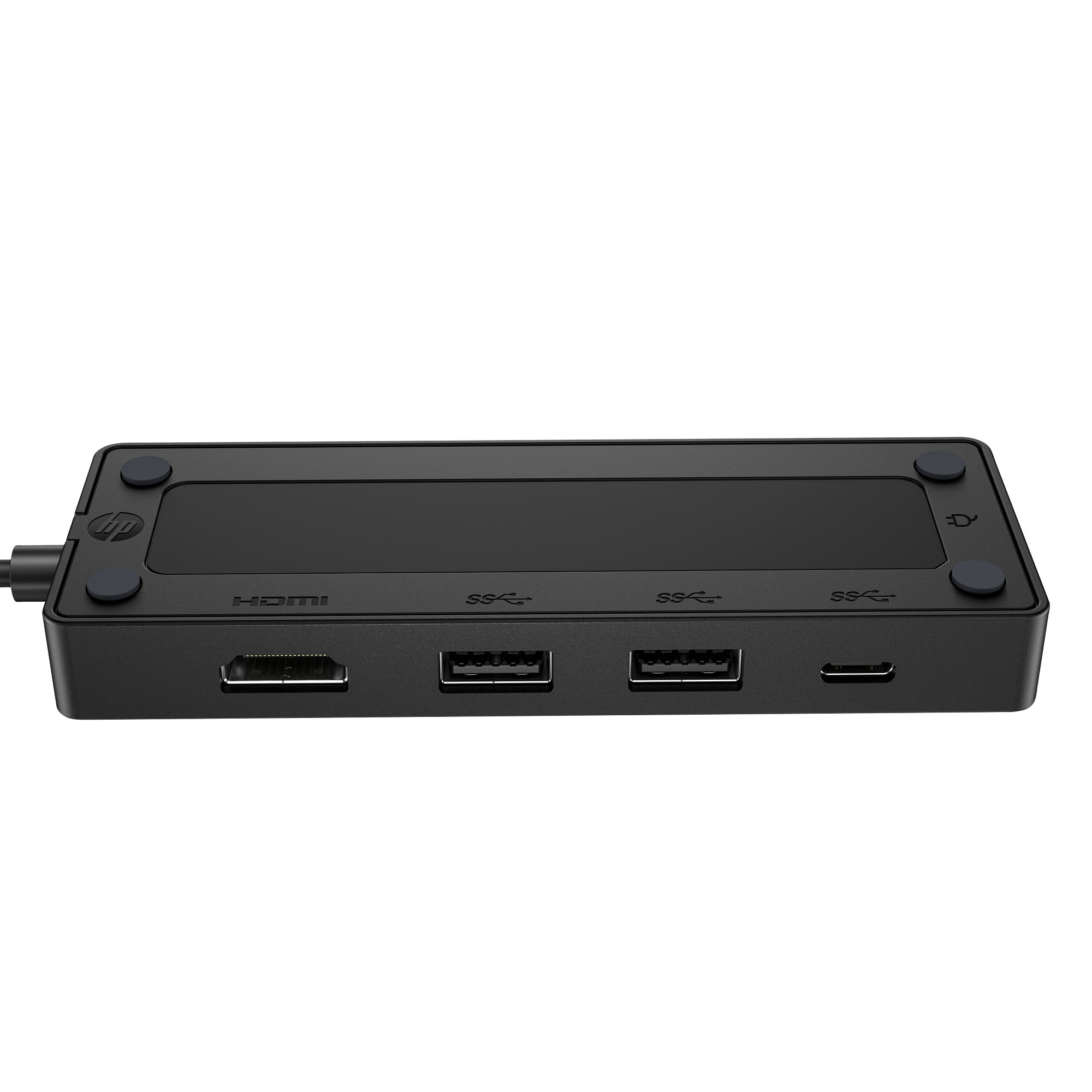 Schwarze HP-Dockingstation, HDMI, USB-Anschlüsse und Stromeingang. Isoliert auf weißem Hintergrund.