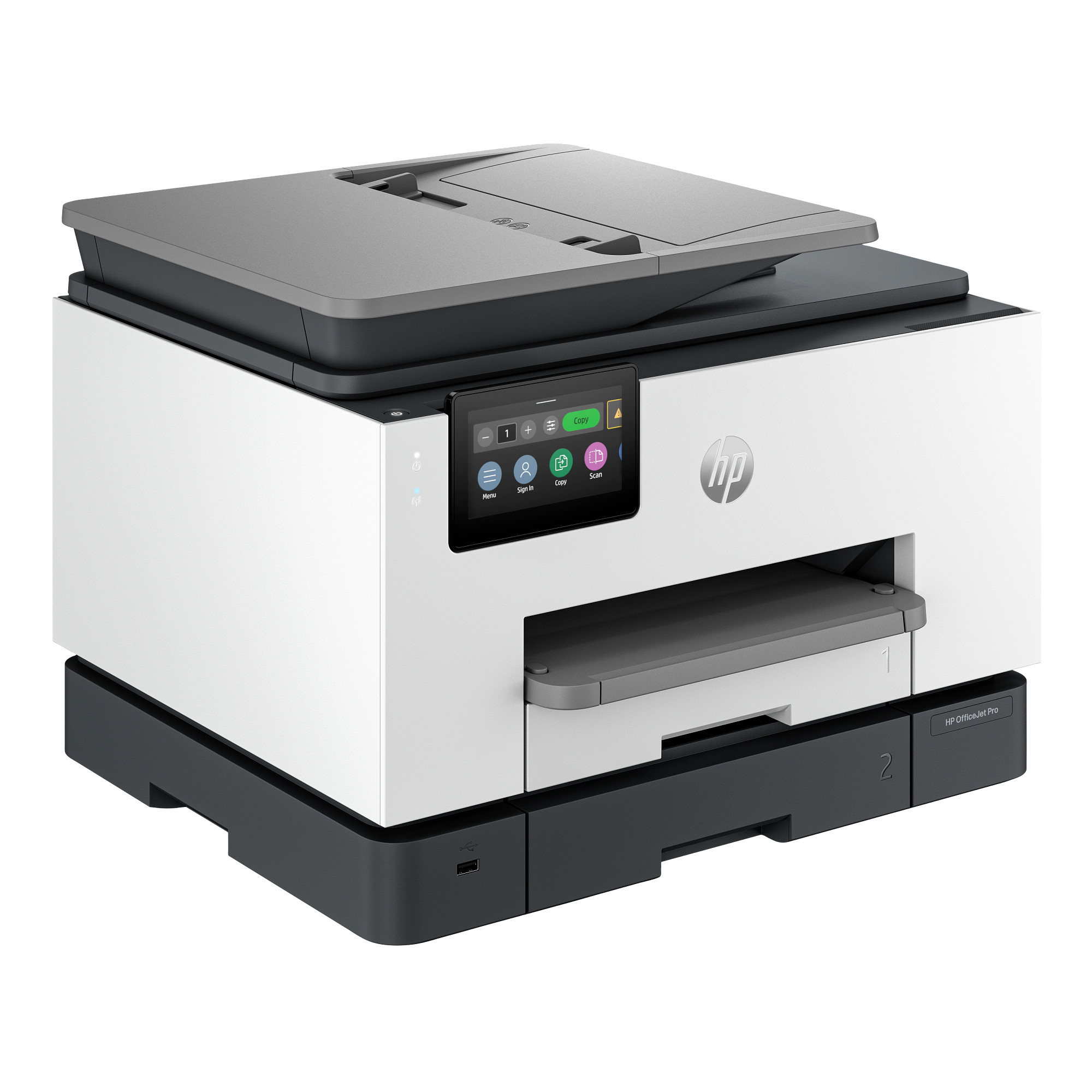 Ein weiß-schwarzer HP OfficeJet Pro Drucker mit grauem Deckel und Bedienfeld.