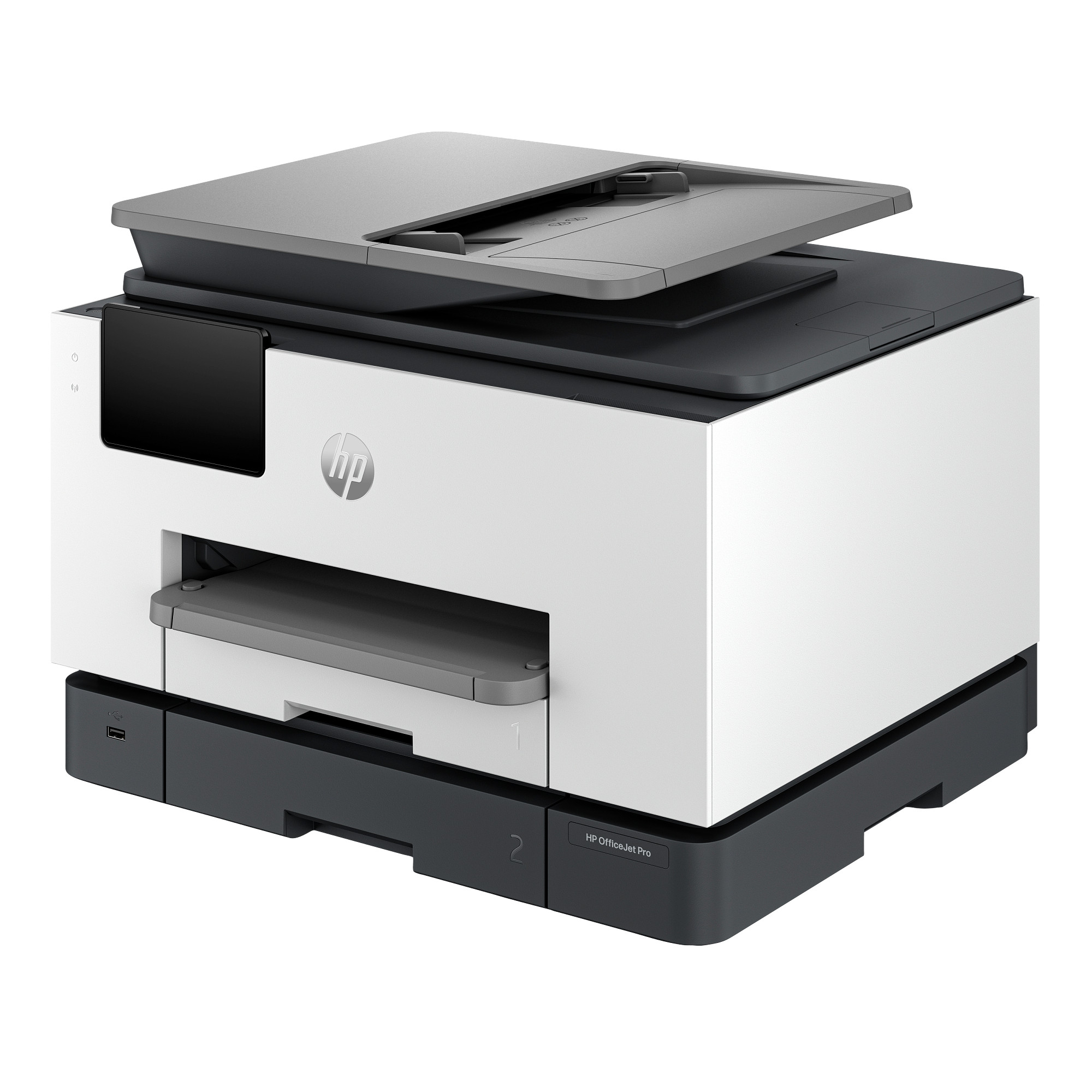 Ein HP OfficeJet Pro Drucker. Er ist weiß und grau. Die Oberseite ist offen. Das Display ist schwarz.