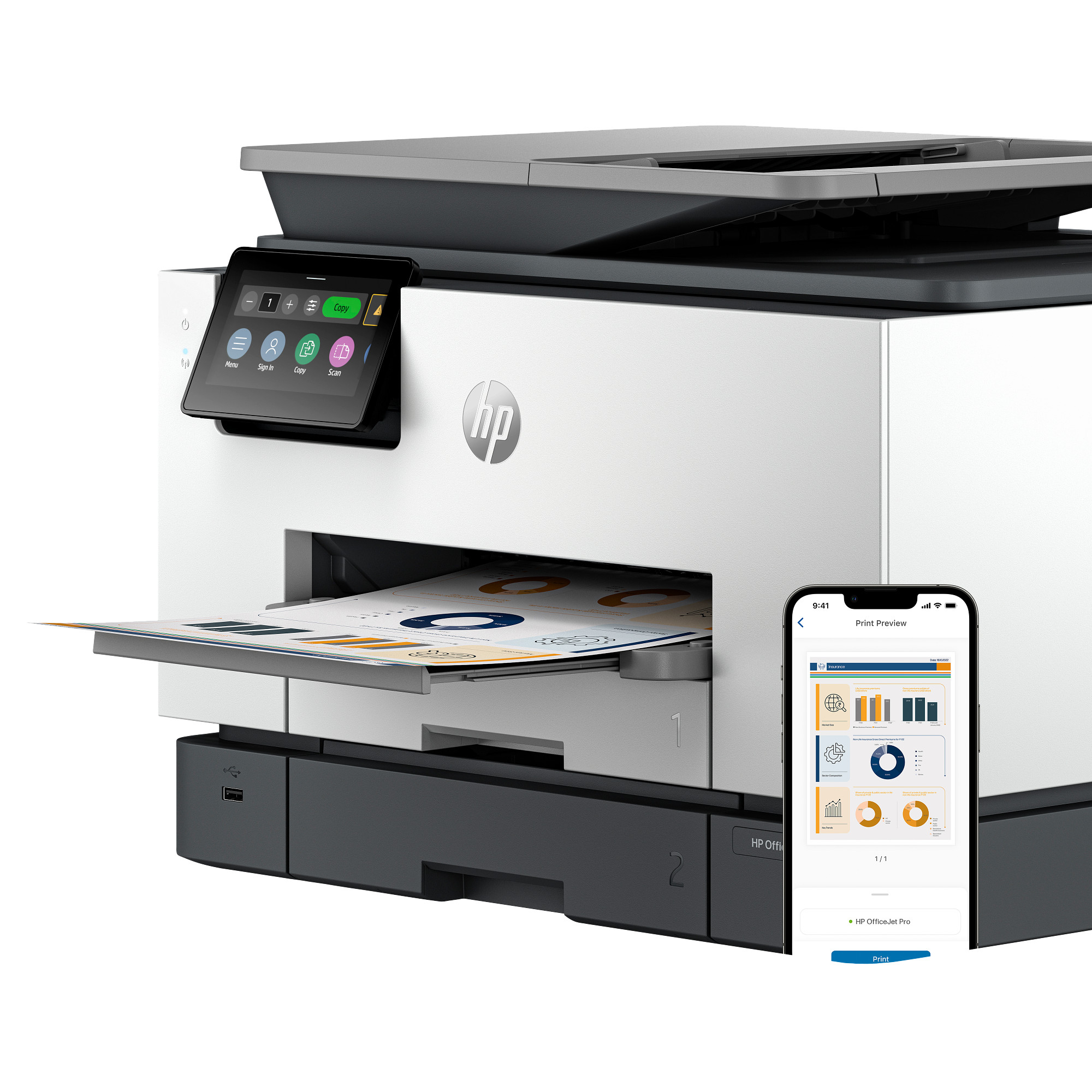 Weißer und schwarzer HP-Drucker mit einem gedruckten Dokument im Ausgabefach und einem Telefon mit Druckvorschau.