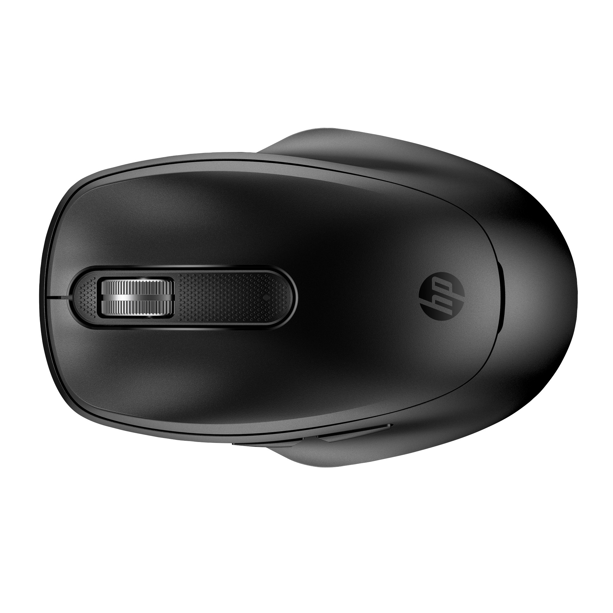 Schwarze kabellose HP-Maus. Sie hat ein Scrollrad und das HP-Logo. Der Hintergrund ist weiß.