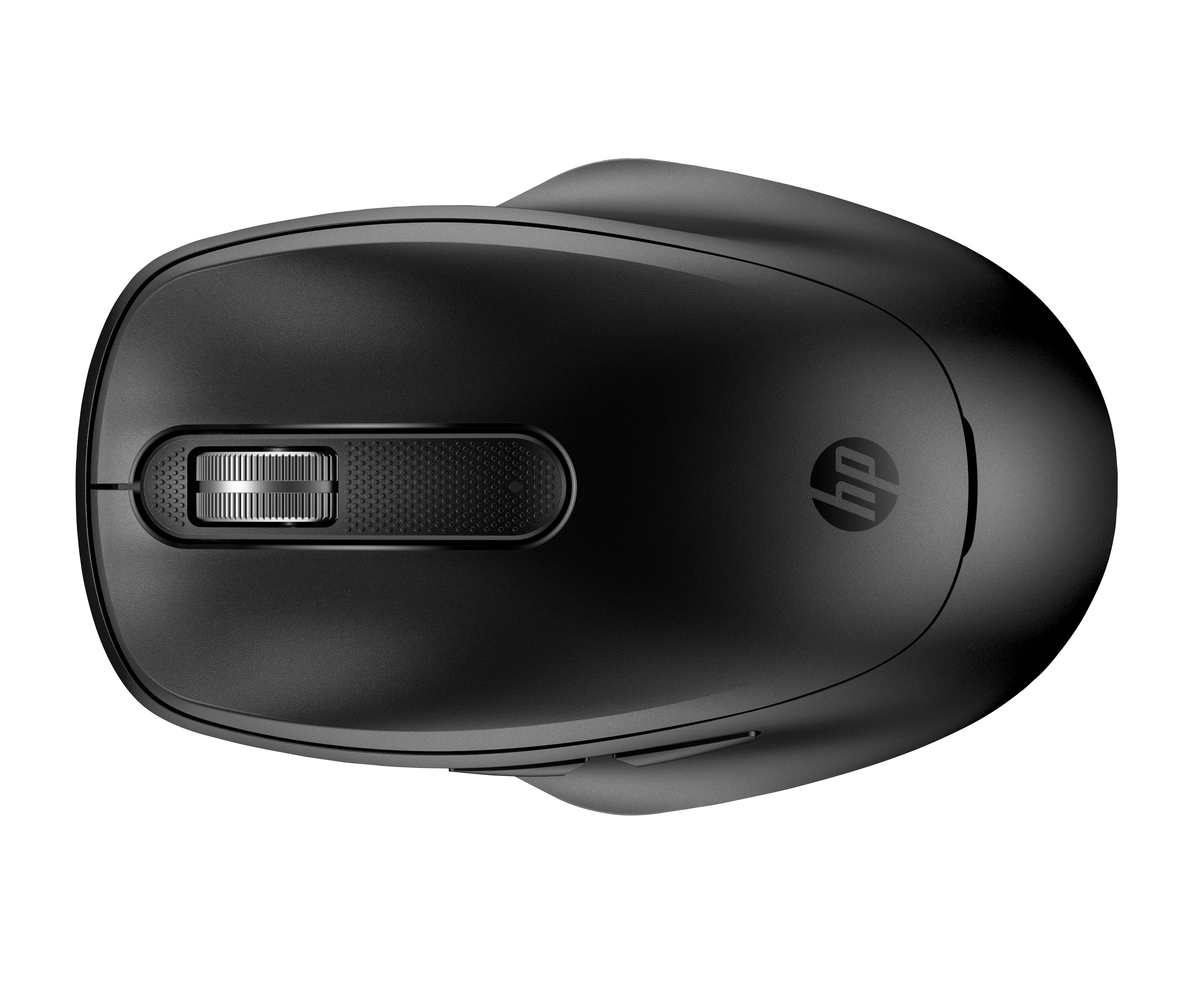 Schwarze drahtlose HP-Maus auf weißem Hintergrund. Sie hat ein Scrollrad und ein HP-Logo.