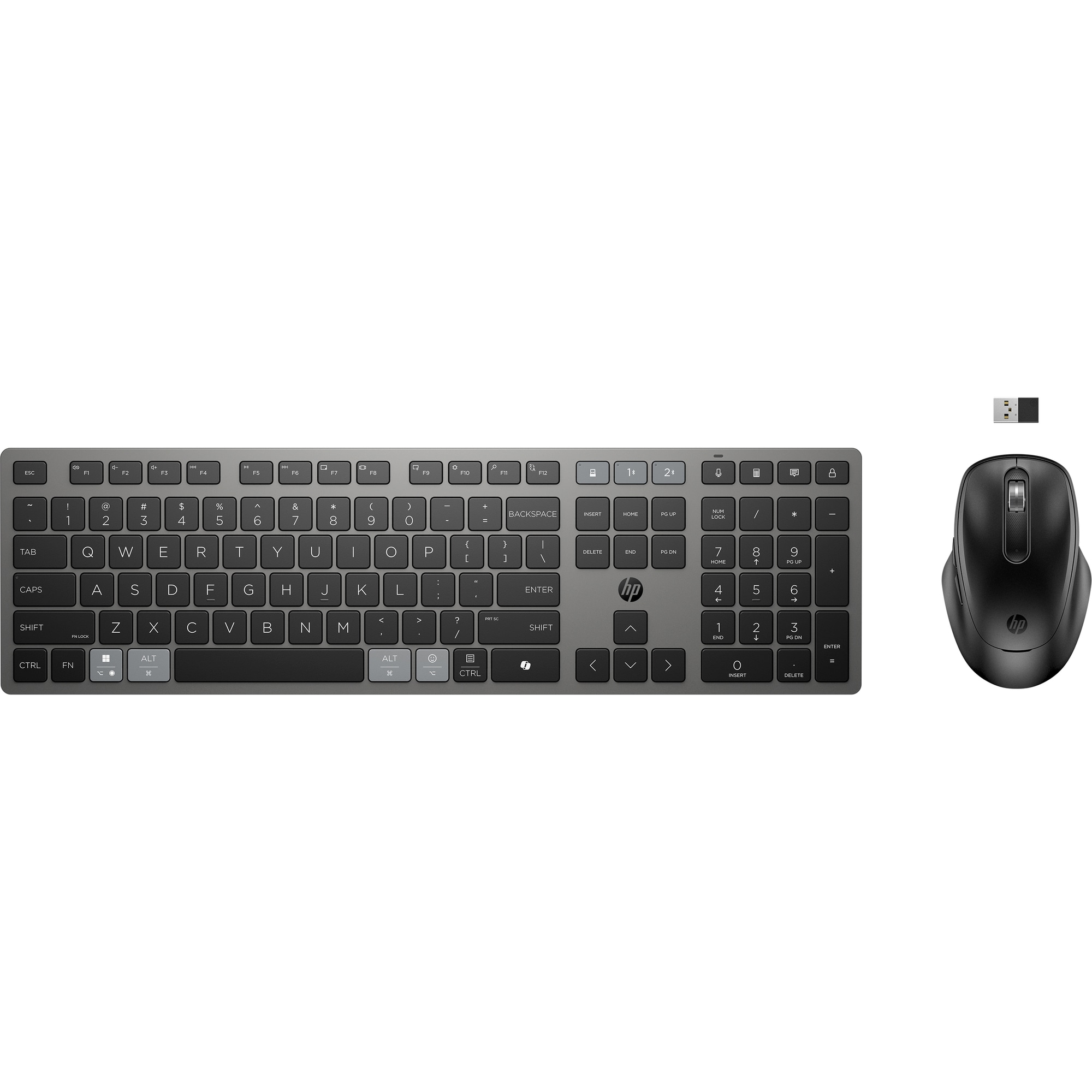 Ein drahtloses HP-Tastatur- und Maus-Set. Graue Tastatur und schwarze Maus auf weißem Grund.