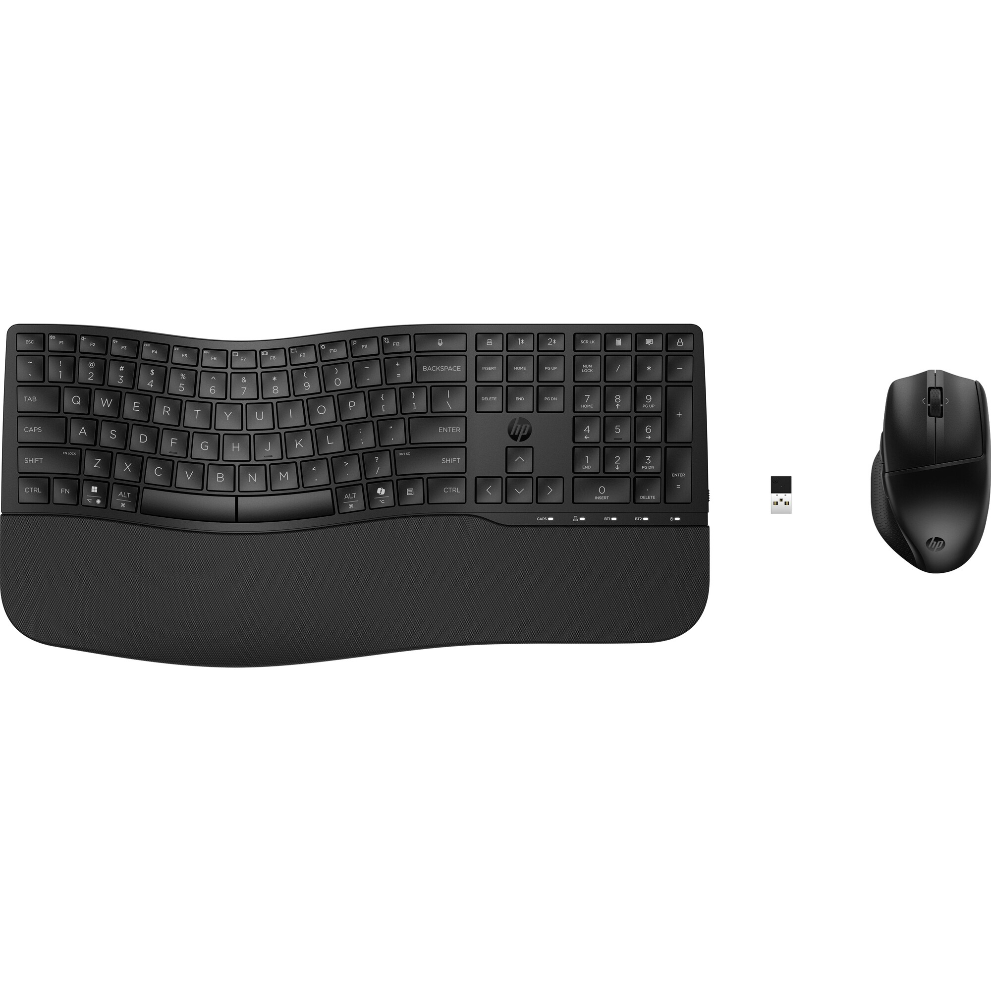 Schwarzes HP-Tastatur- und Maus-Set. Die Tastatur hat ein ergonomisches Design. Die Maus ist rechts.