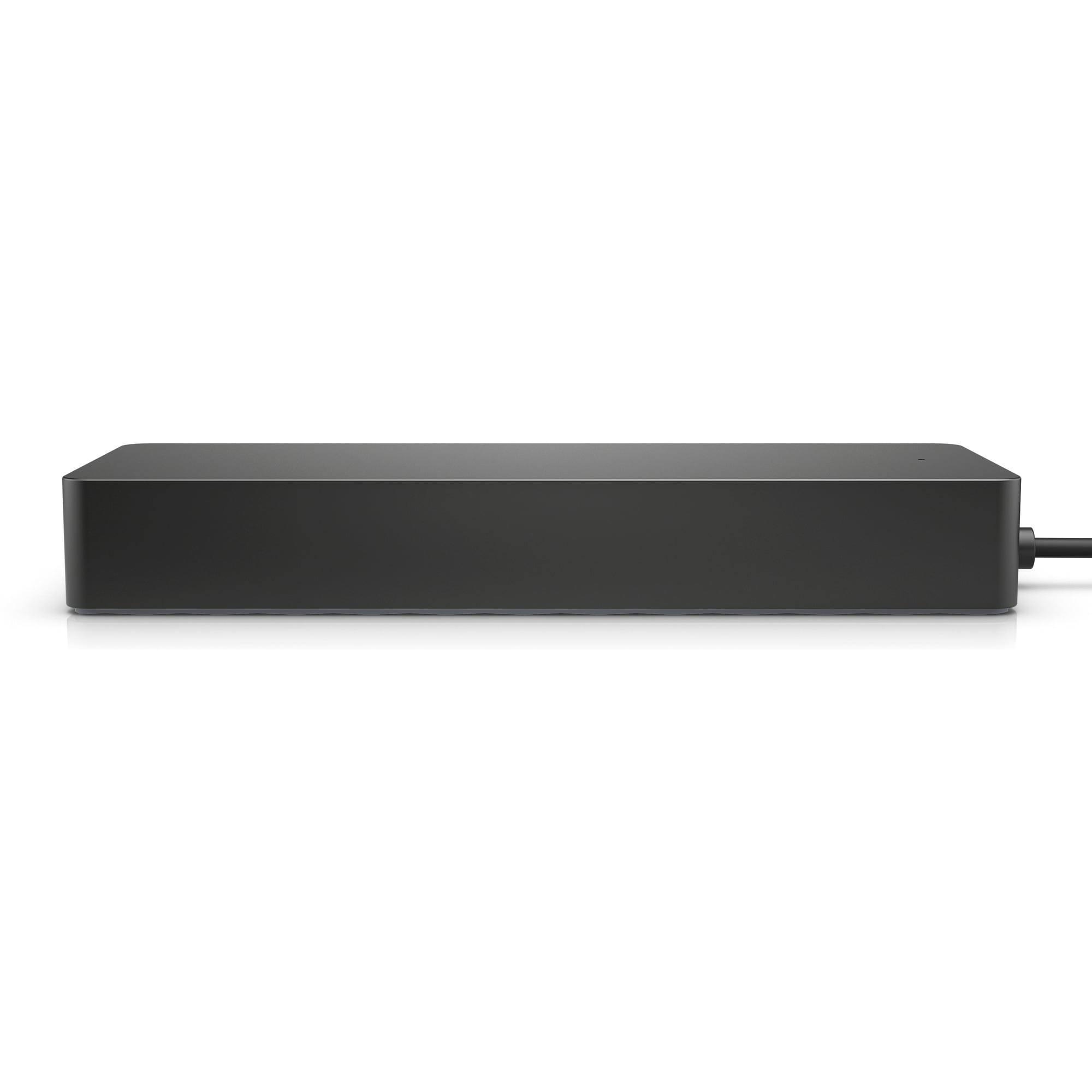 Ein schwarzes, rechteckiges Gerät auf weißem Grund. Ein schwarzes Kabel ragt rechts heraus.
