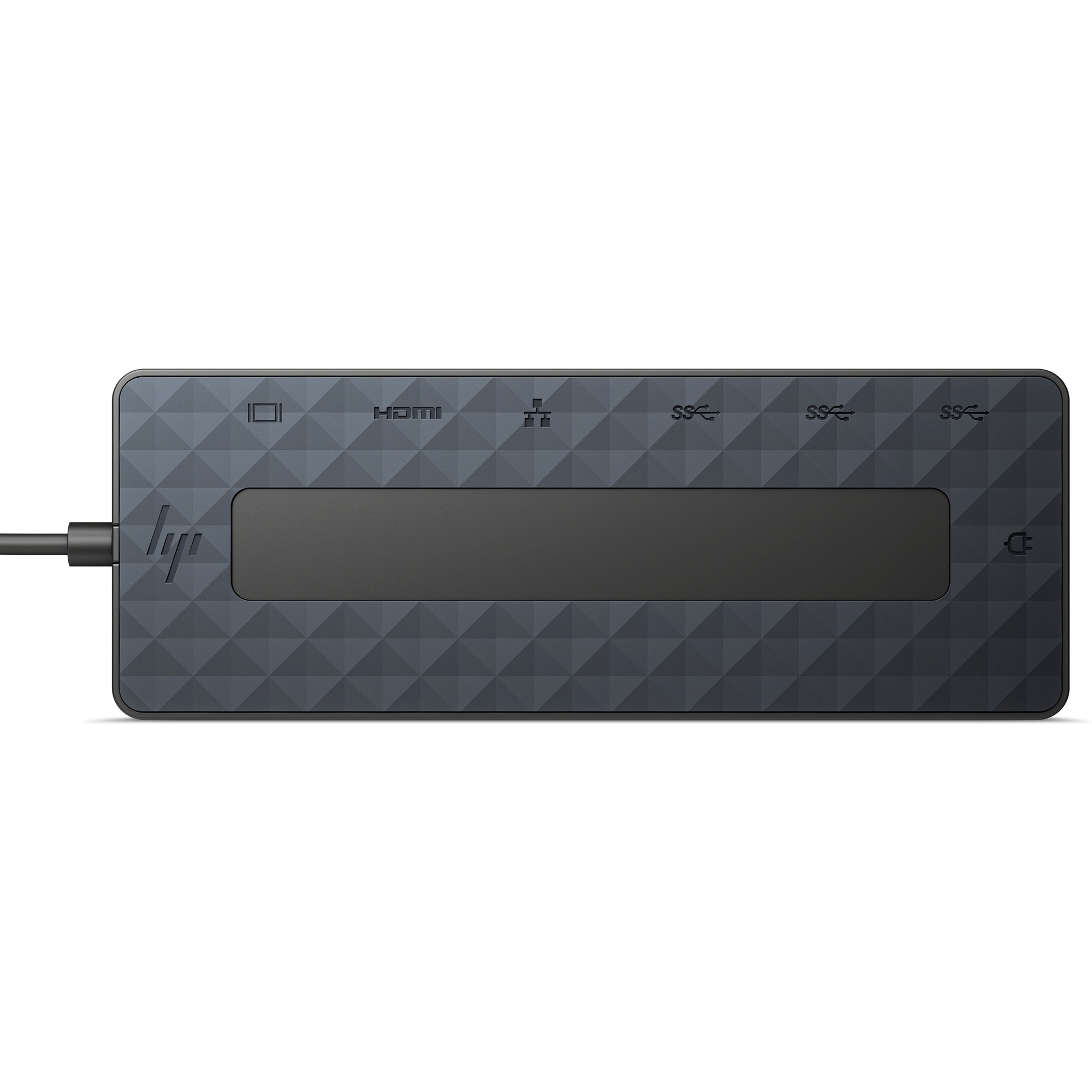 Dunkelgrauer HP USB-C-Multiport-Hub mit HDMI-Anschluss, USB-Anschlüssen und einem Stromanschluss. Weißer Hintergrund.