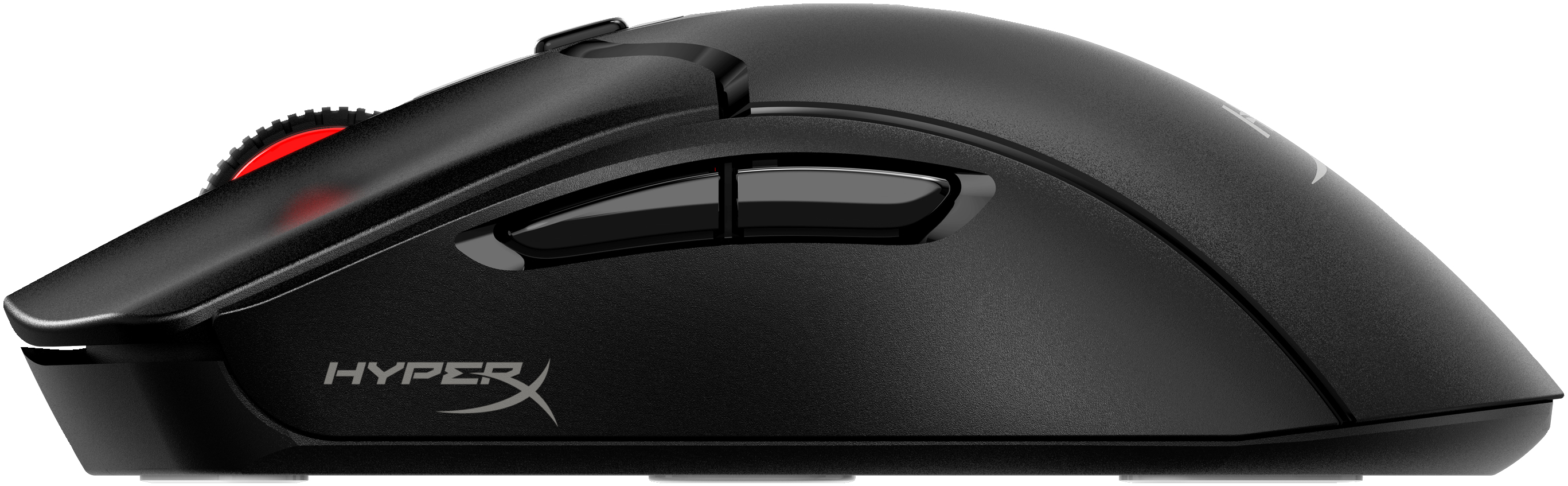 Black HyperX gaming mouse. It has red scroll wheel, two side buttons, and the HyperX logo on the side, all against white.