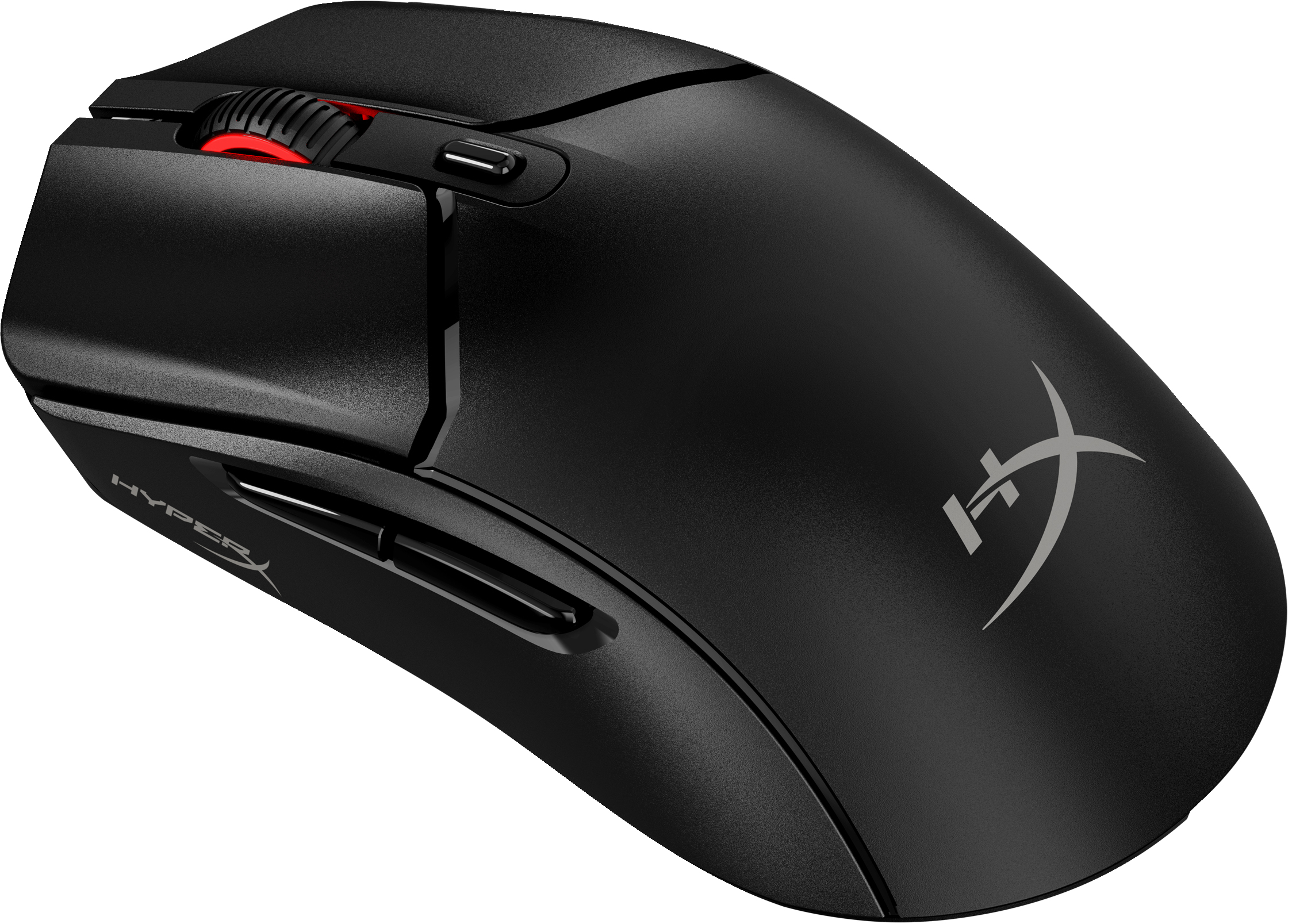Black HyperX gaming mouse. Features red scroll wheel, side buttons, and a silver logo on the right side. White background.