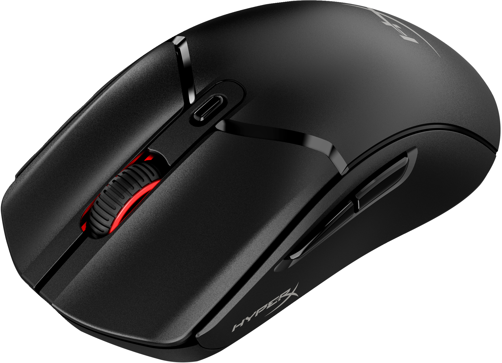 Black HyperX gaming mouse. Features include a red and black scroll wheel, side buttons, and the HyperX logo.