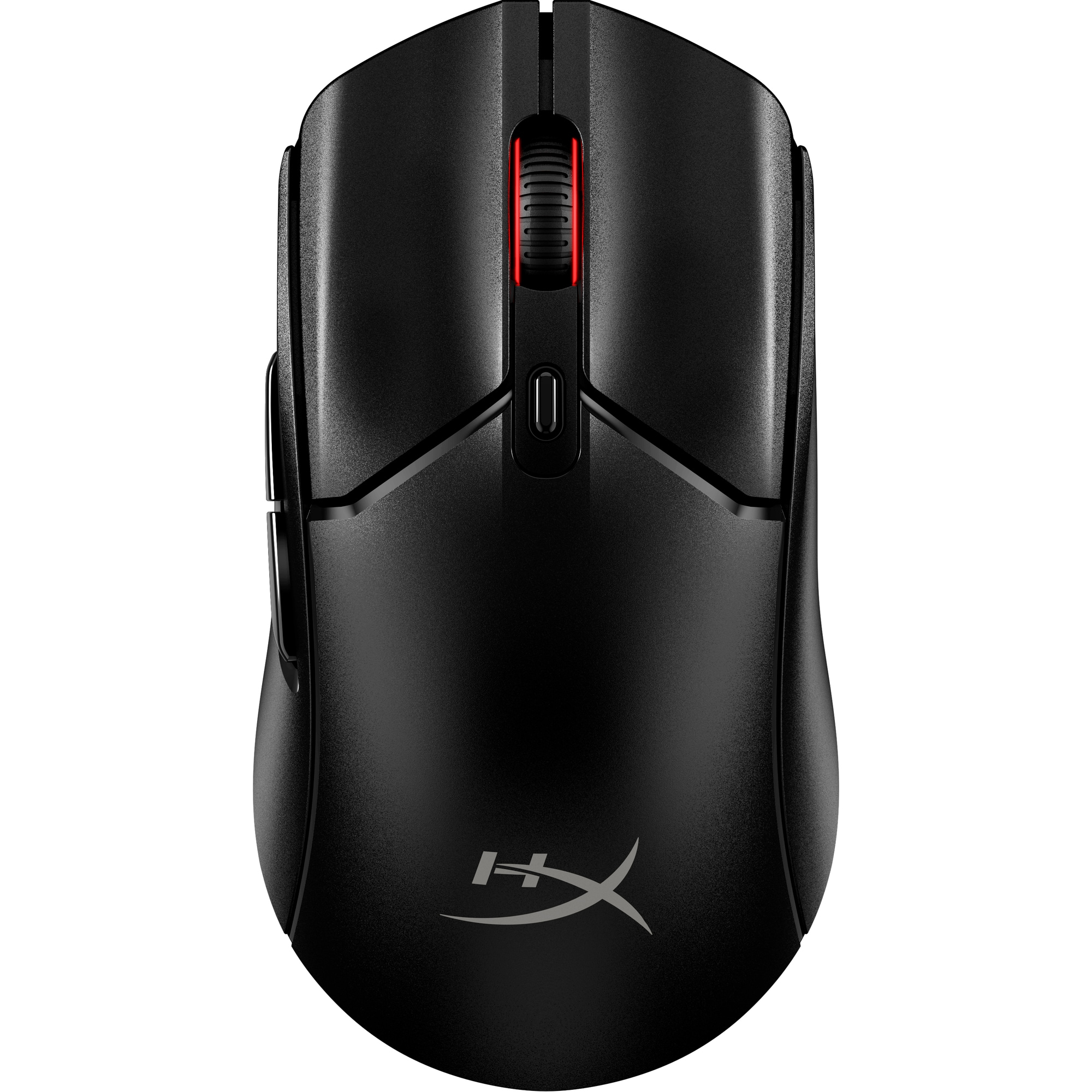 Black computer mouse with red scroll wheel. Features the HyperX logo. White background.