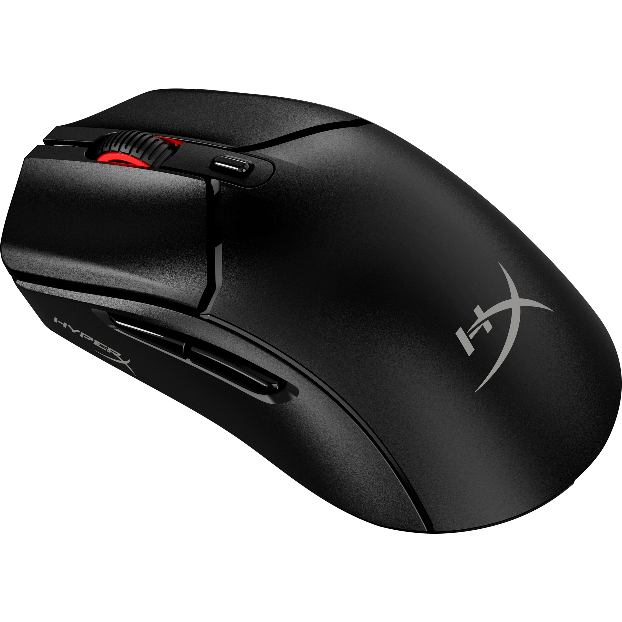 Black HyperX gaming mouse. Features a red scroll wheel and a logo. Set against a white background.