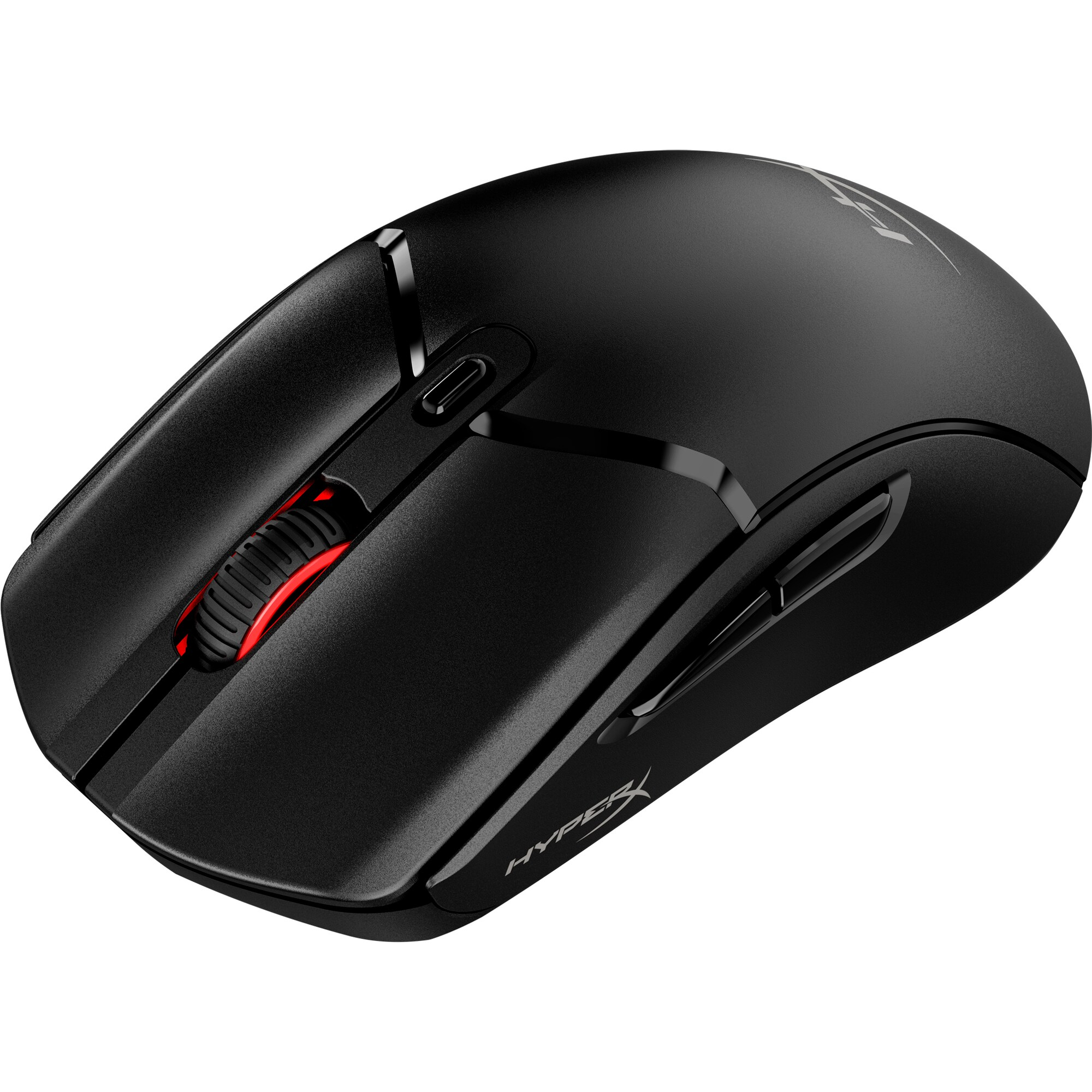 Black computer mouse with red scroll wheel. HyperX logo visible. The background is white.