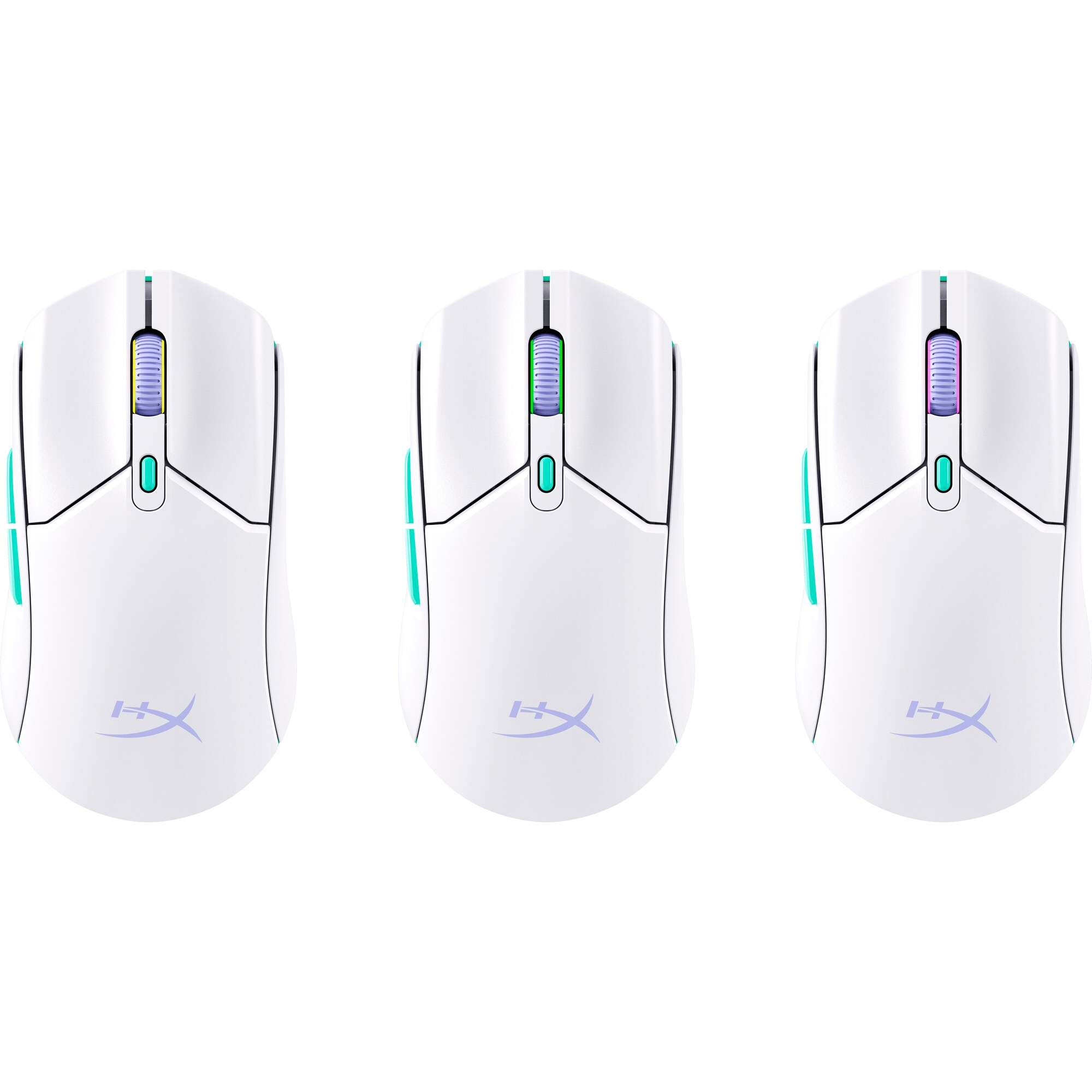 Three white computer mice with colorful scroll wheels and logos on them, against a white background.
