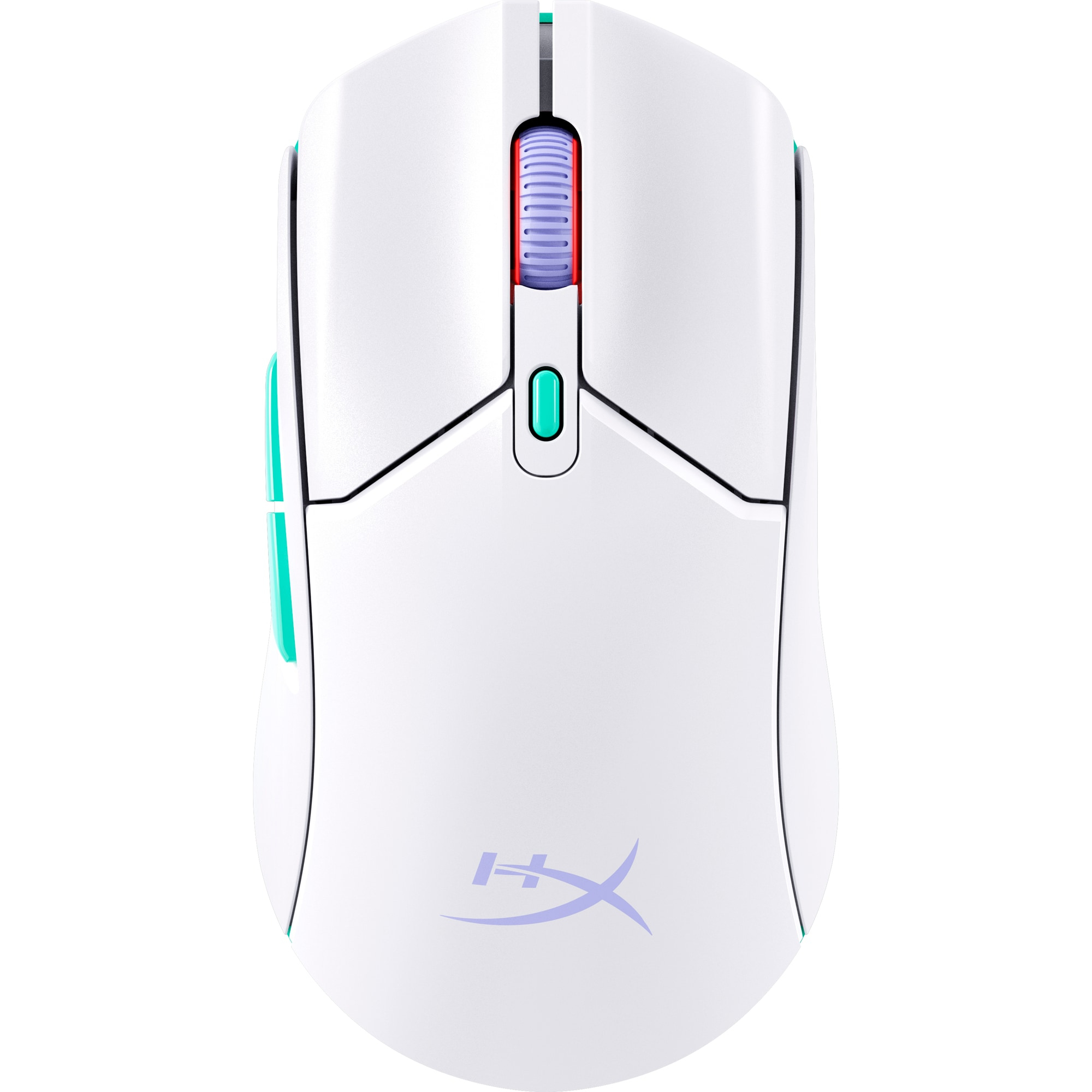 White computer mouse with teal accents and a purple scroll wheel. The HyperX logo is visible on the bottom.