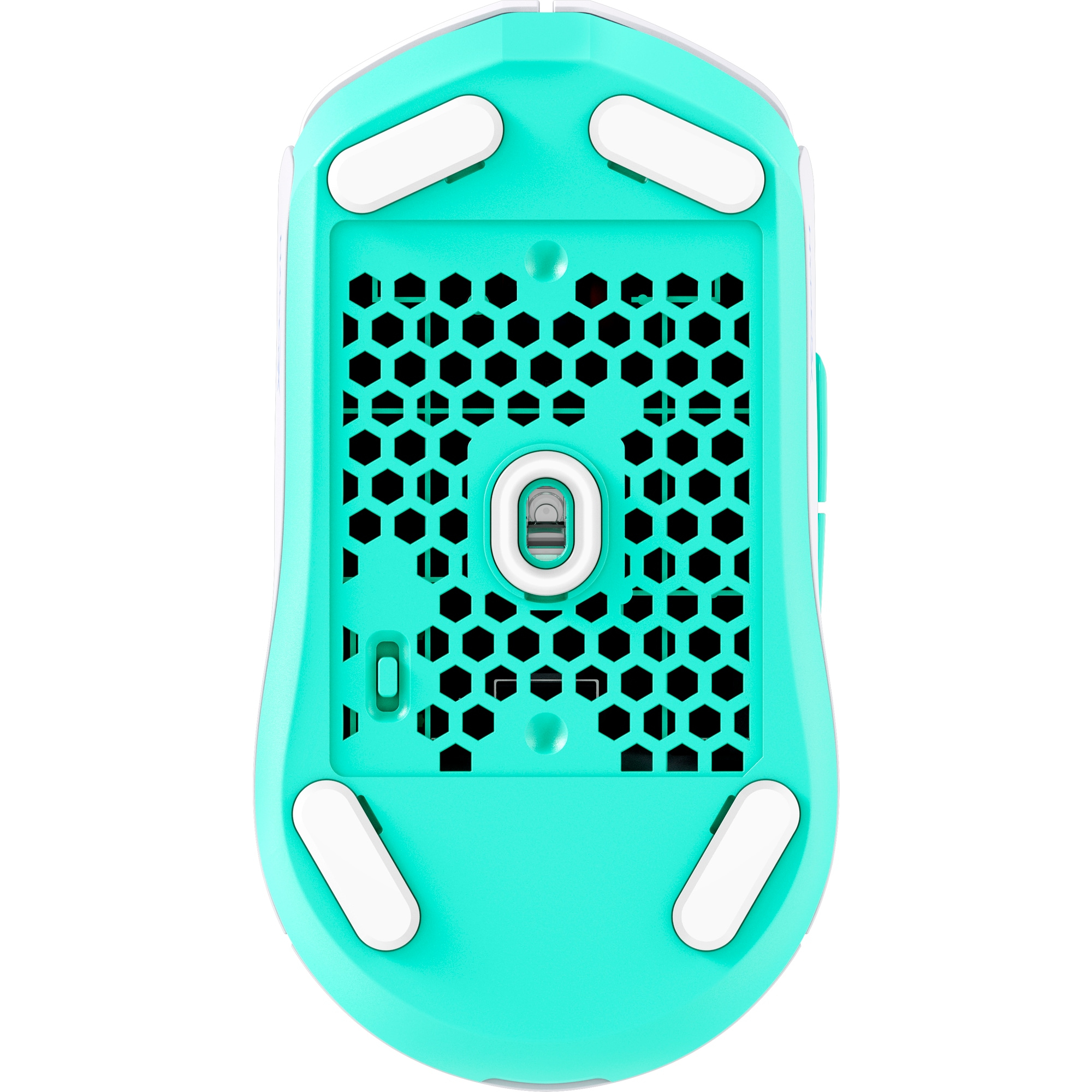 Bottom view of a teal gaming mouse. Features include white feet, honeycomb ventilation, and a white scroll wheel.