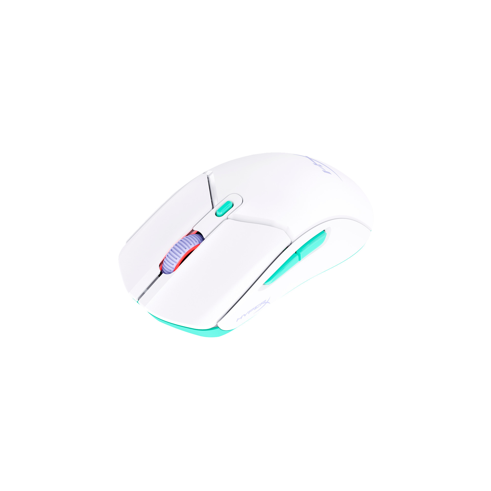 White wireless mouse with teal and purple accents. It is on a white background.
