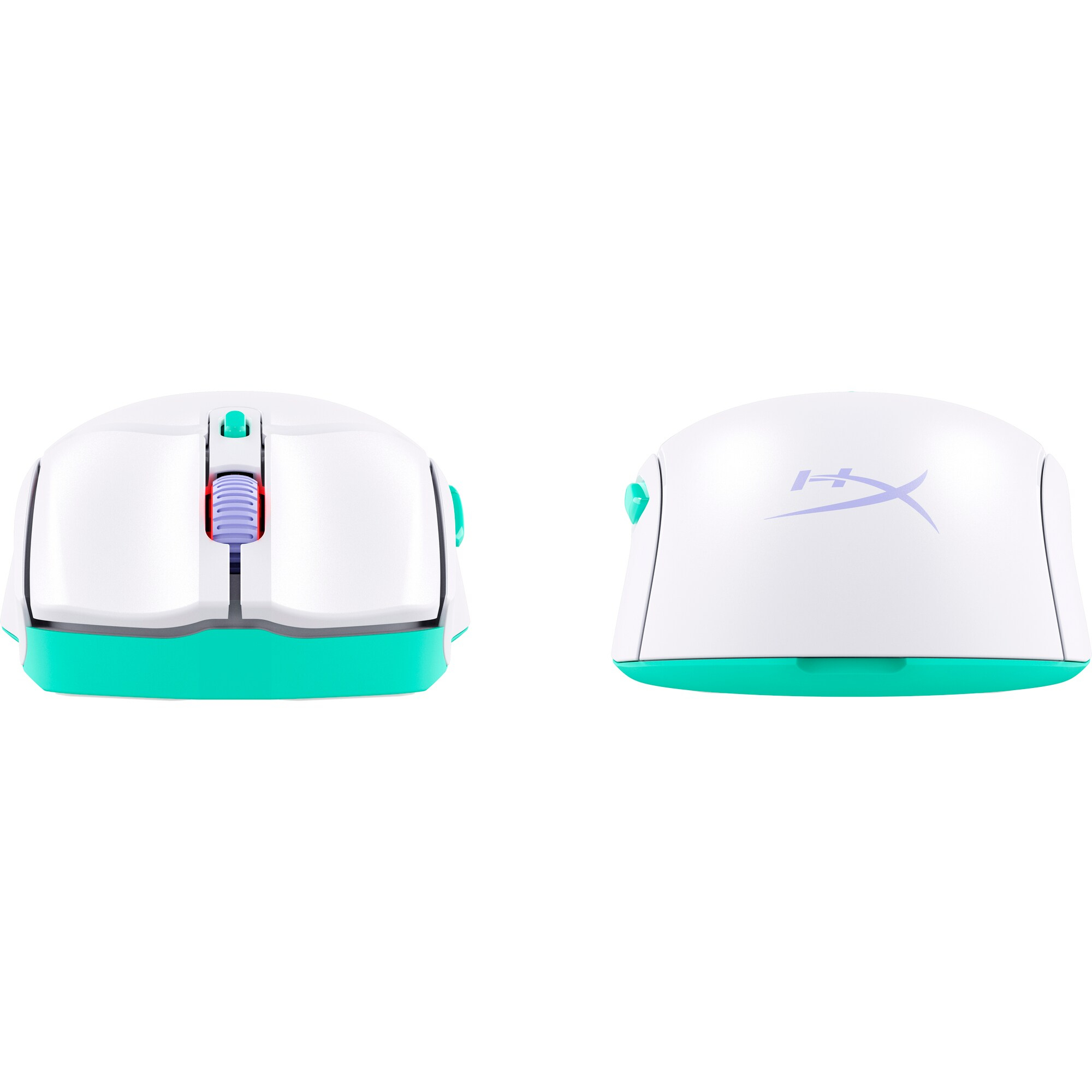 Two white and turquoise computer mice. One shows the top and front, the other the side. White background.